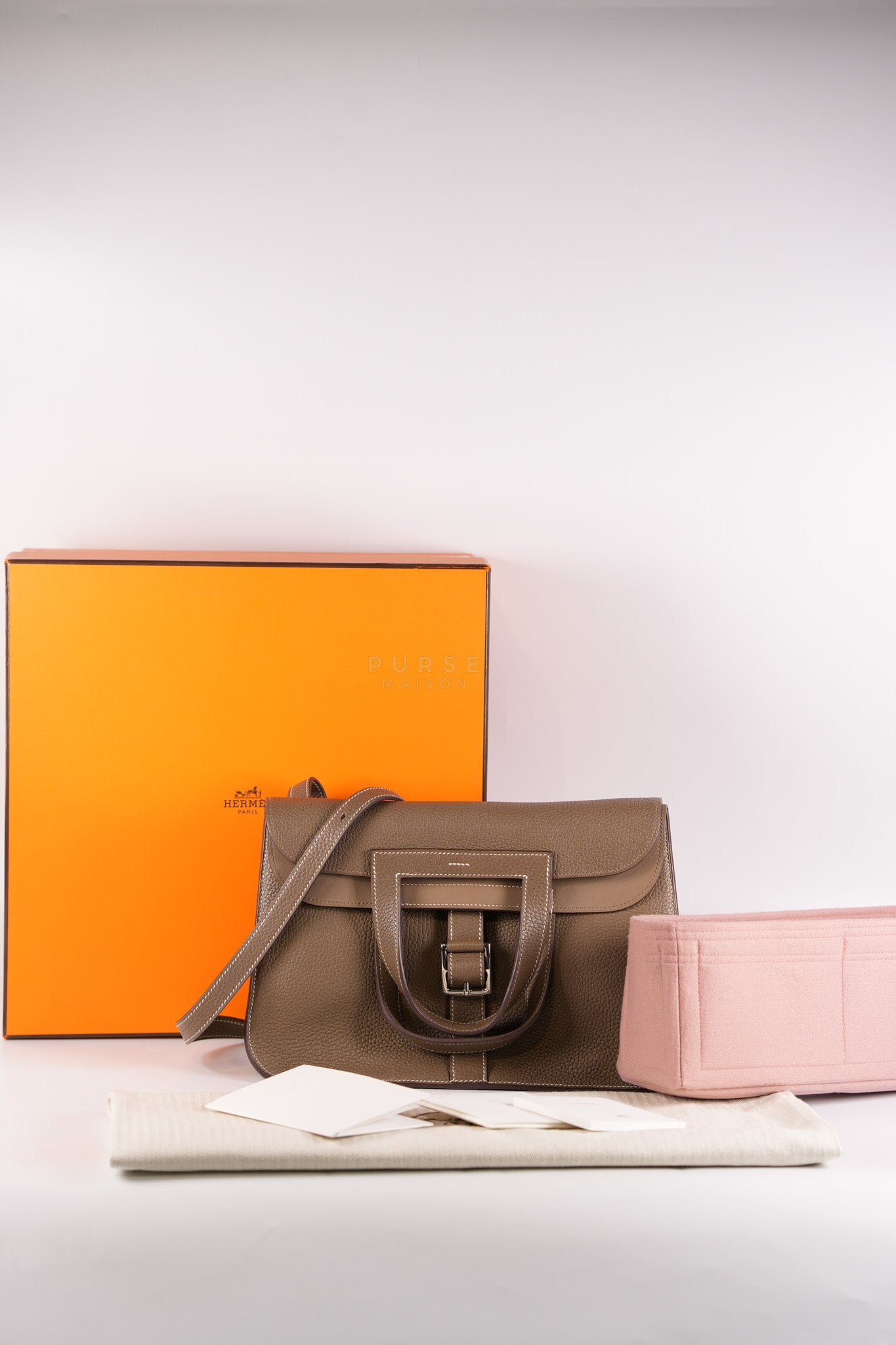 Halzan 31 in Etoupe Clemence Leather and Palladium Hardware Stamp C (2018) | Purse Maison Luxury Bags Shop