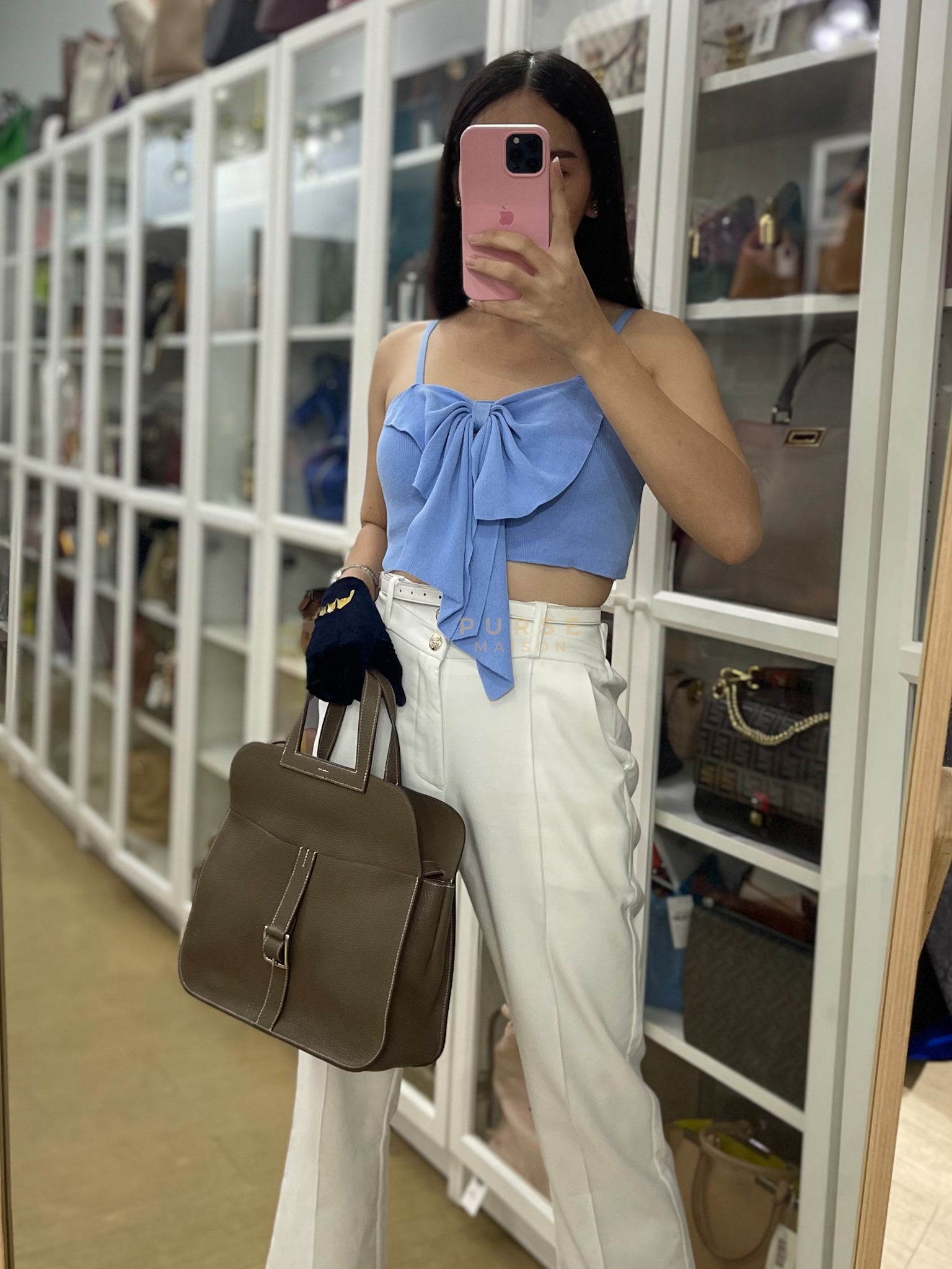 Halzan 31 in Etoupe Clemence Leather and Palladium Hardware Stamp C (2018) | Purse Maison Luxury Bags Shop