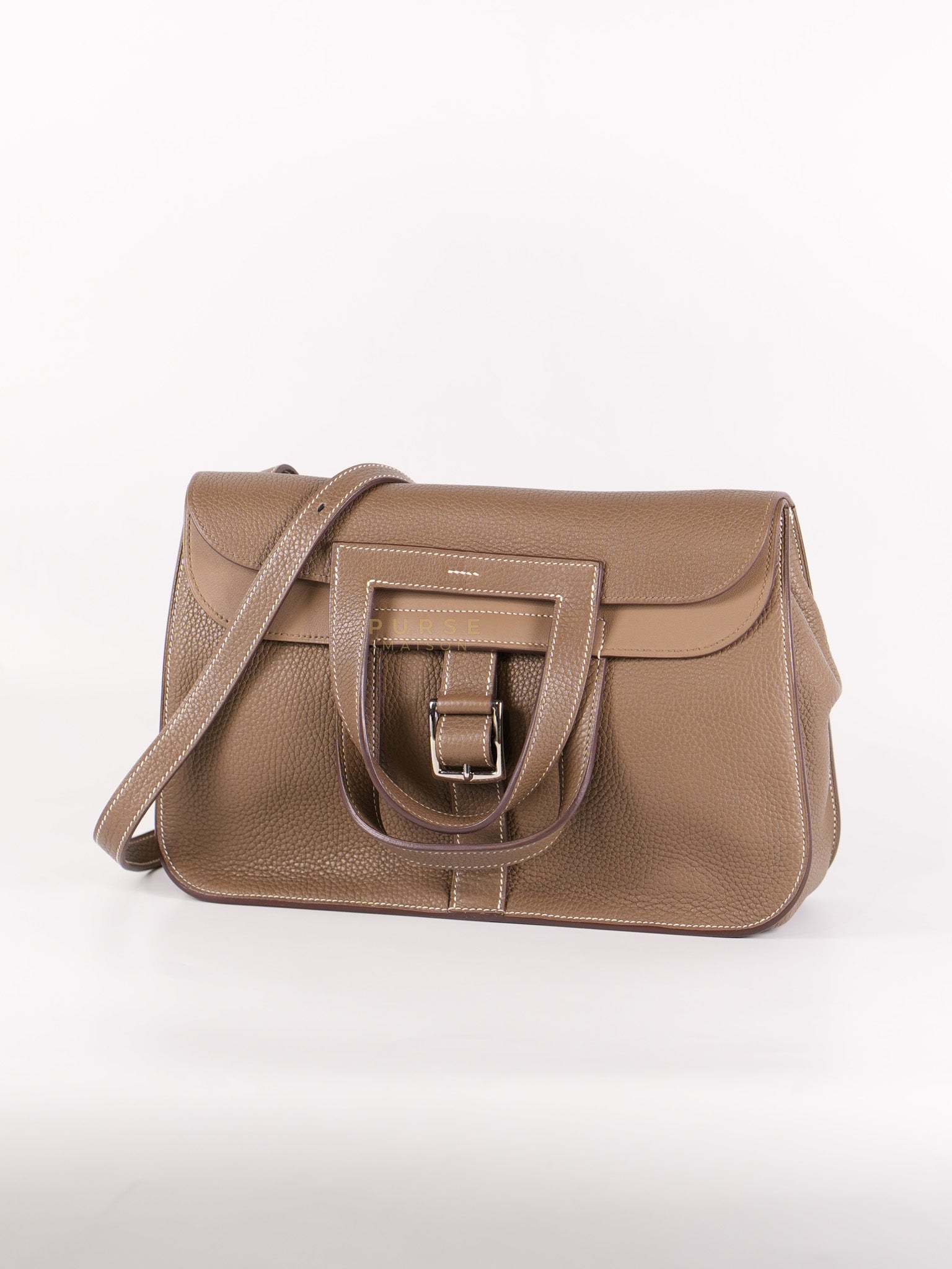 Halzan 31 in Etoupe Clemence Leather and Palladium Hardware Stamp C (2018) | Purse Maison Luxury Bags Shop