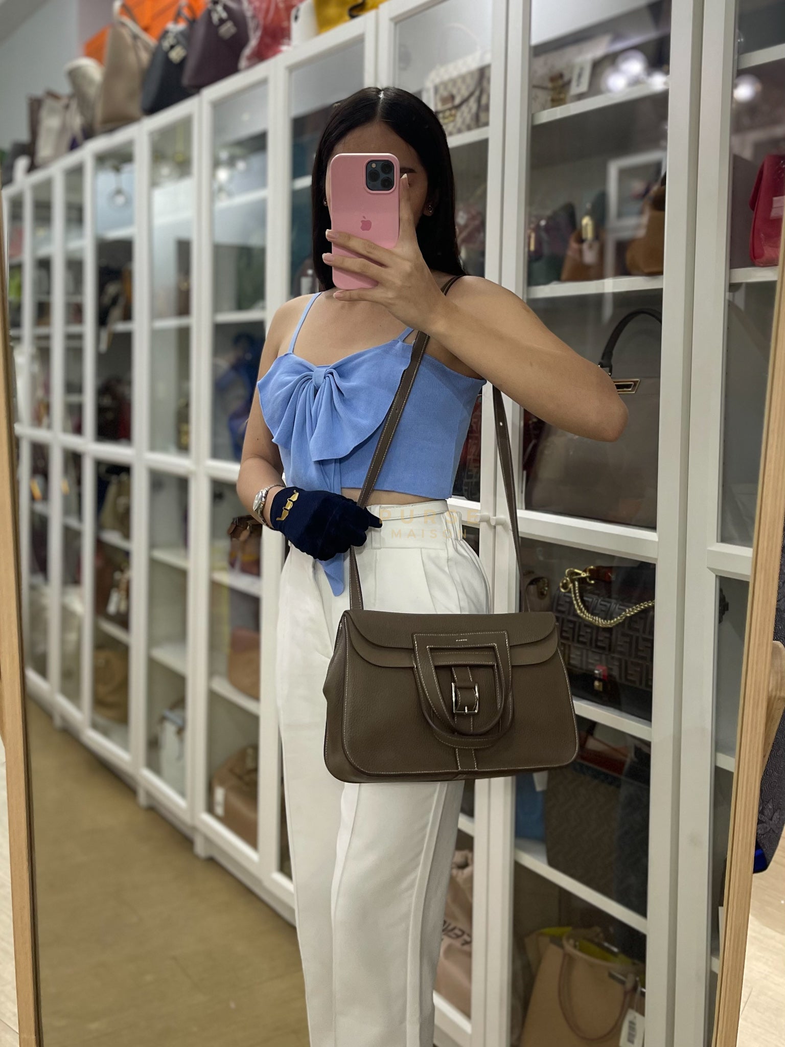 Halzan 31 in Etoupe Clemence Leather and Palladium Hardware Stamp C (2018) | Purse Maison Luxury Bags Shop