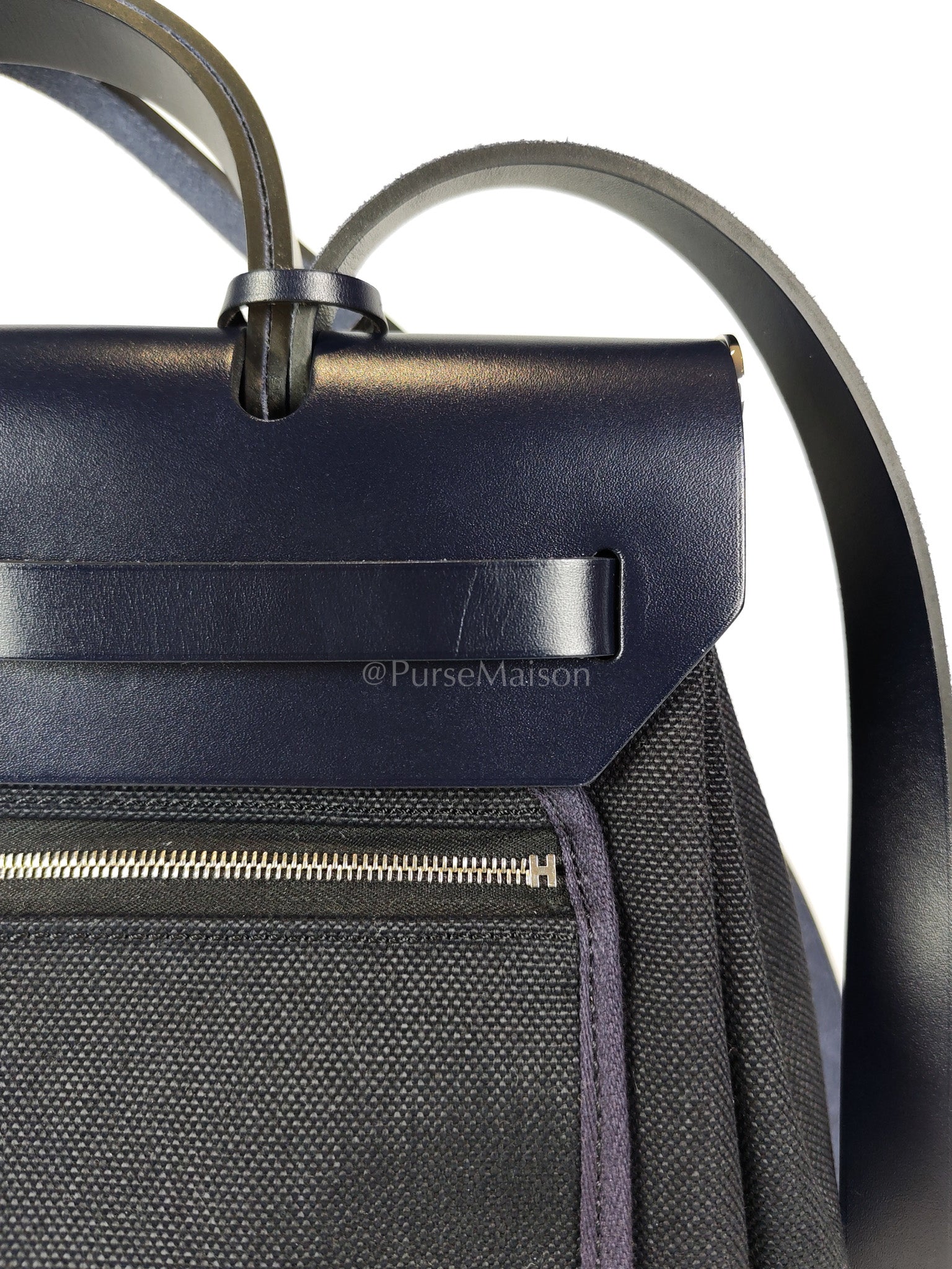 Herbag 31 Military Canvas/Hunter Cowhide in Black/Blue Indigo and Palladium Hardware Stamp B (2023) | Purse Maison Luxury Bags Shop