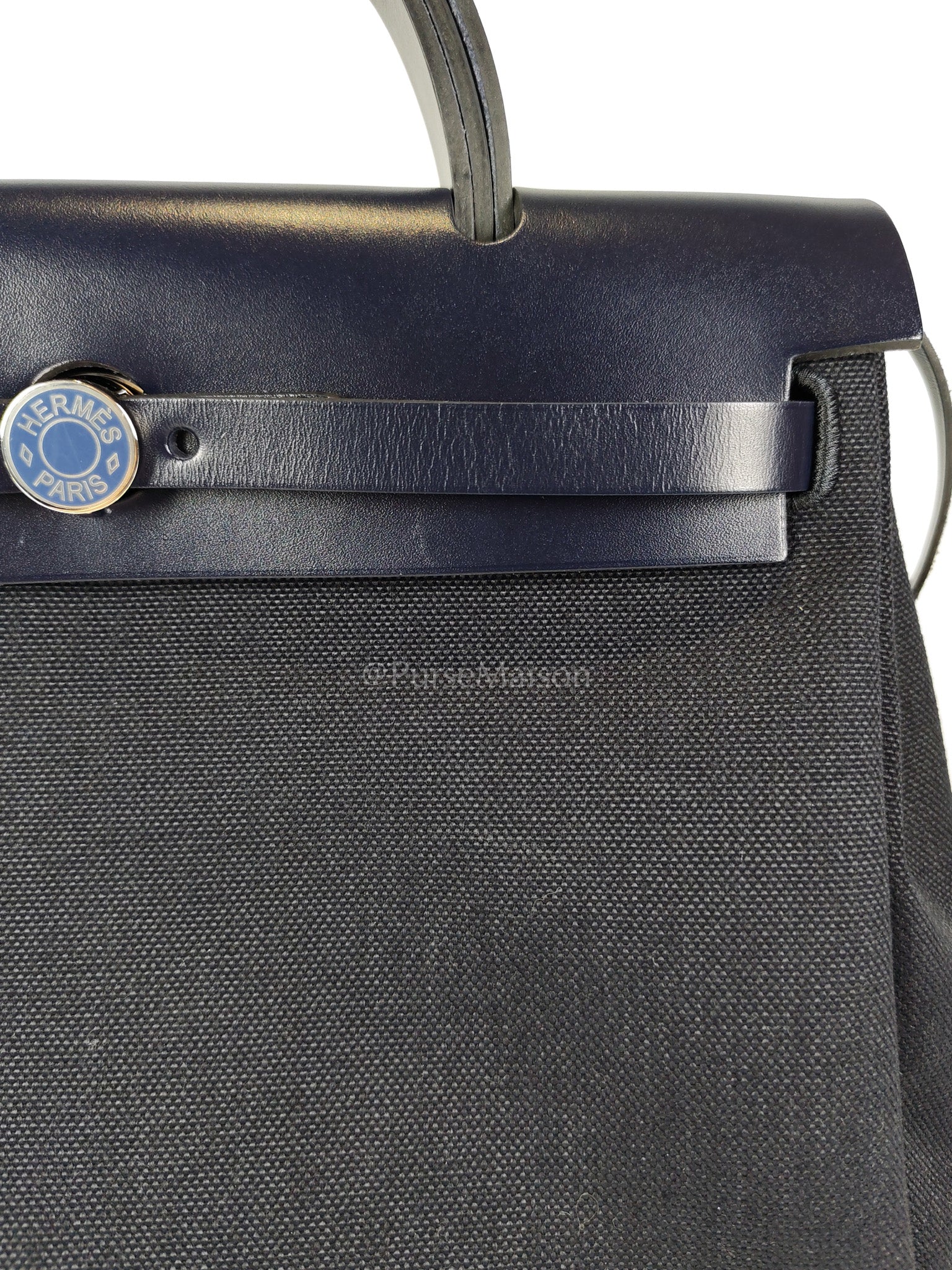 Herbag 31 Military Canvas/Hunter Cowhide in Black/Blue Indigo and Palladium Hardware Stamp B (2023) | Purse Maison Luxury Bags Shop