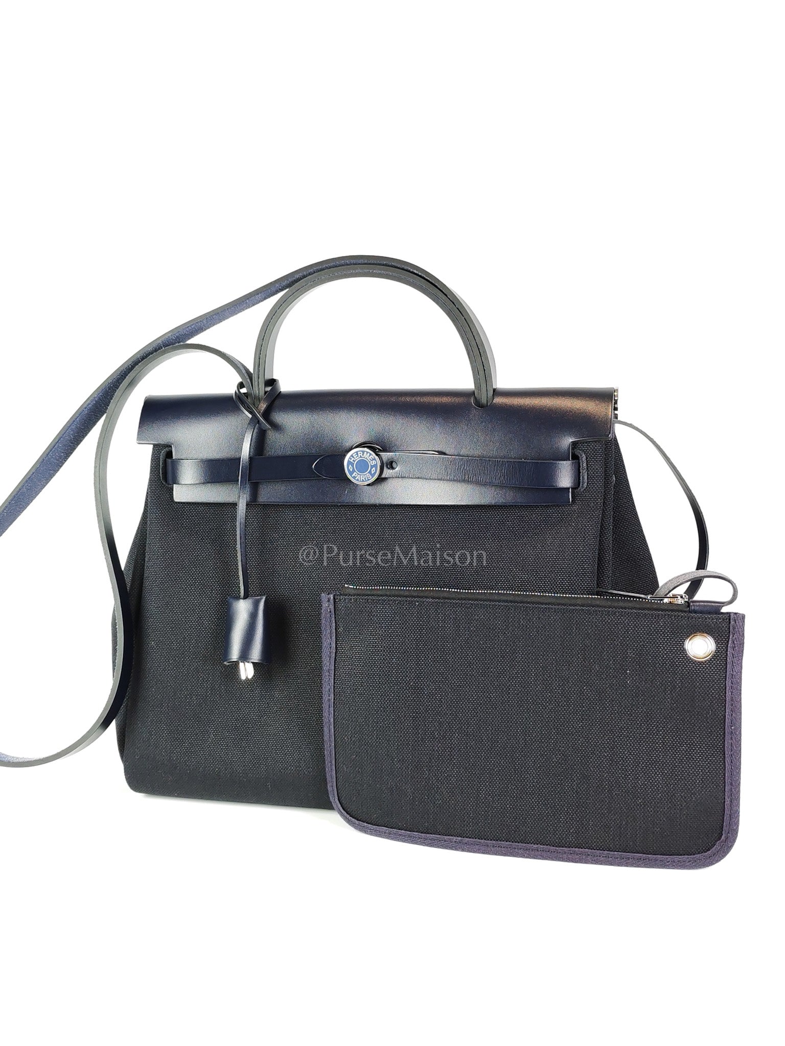 Herbag 31 Military Canvas/Hunter Cowhide in Black/Blue Indigo and Palladium Hardware Stamp B (2023) | Purse Maison Luxury Bags Shop