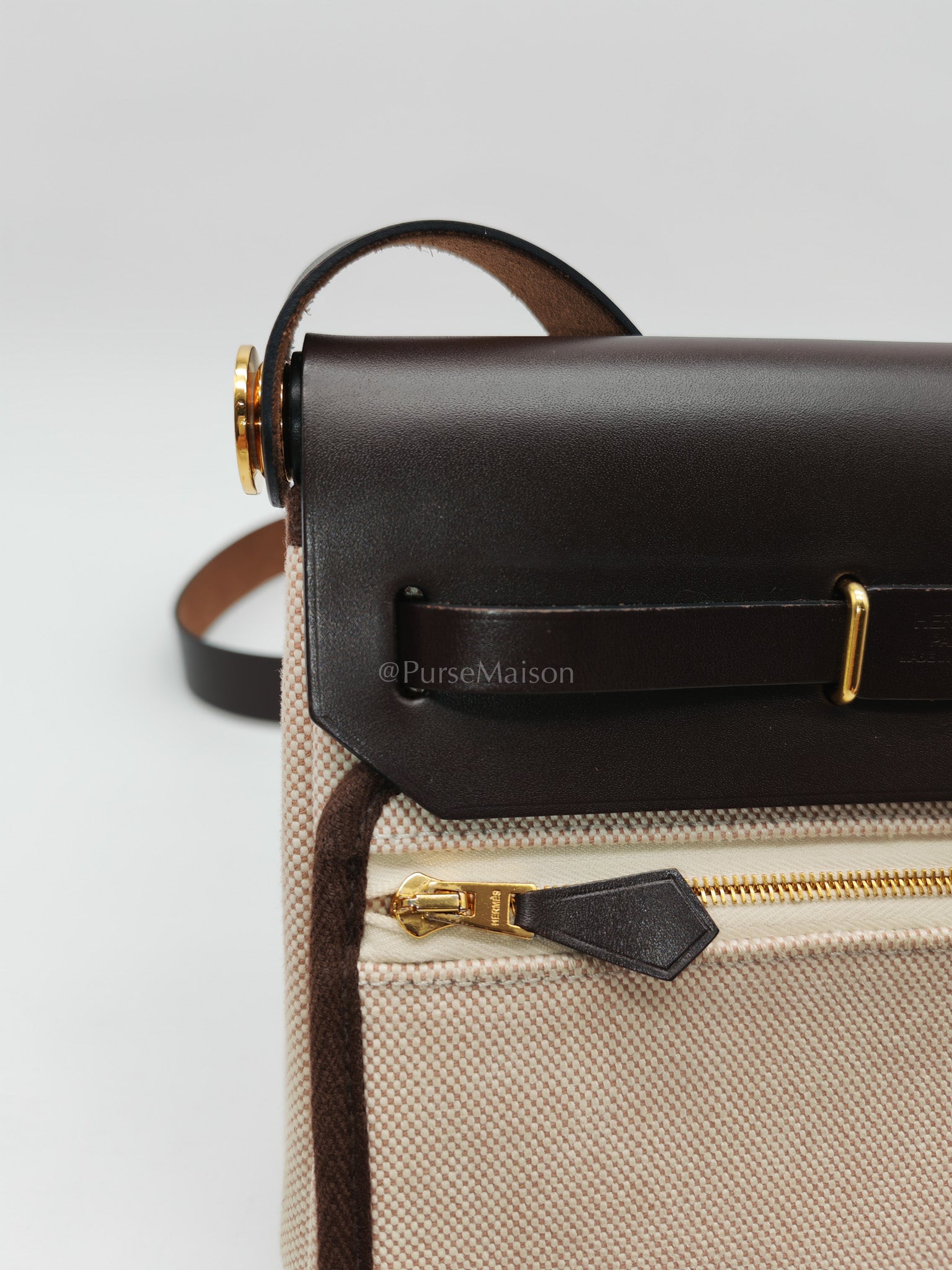 Herbag Mini in Military Toile Canvas & Ebene Leather Gold Hardware Stamp W(2024) | Purse Maison Luxury Bags Shop