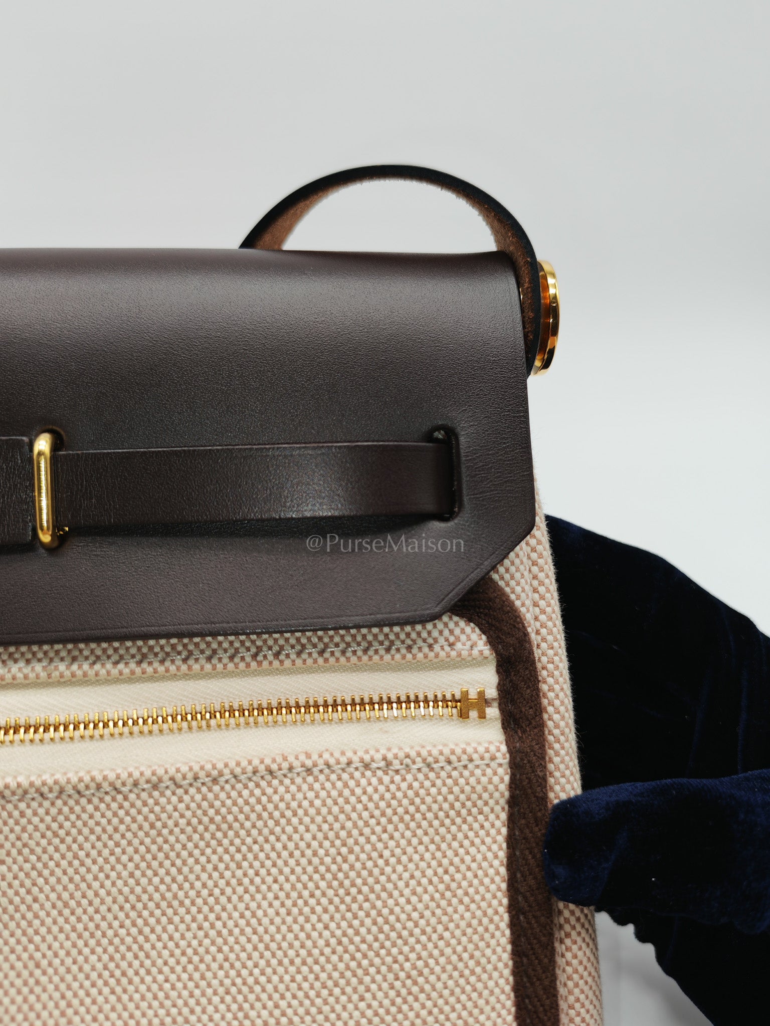 Herbag Mini in Military Toile Canvas & Ebene Leather Gold Hardware Stamp W(2024) | Purse Maison Luxury Bags Shop