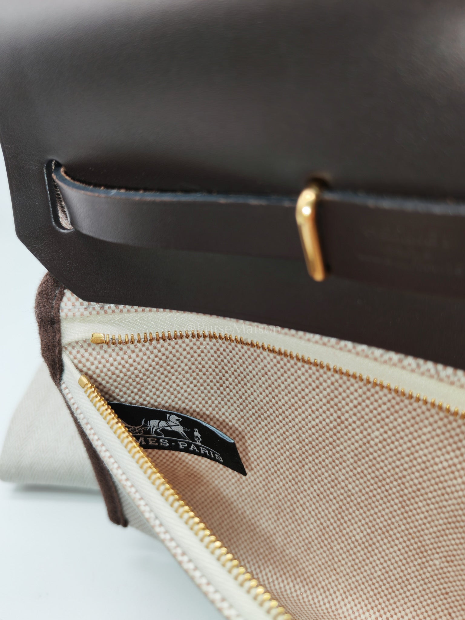 Herbag Mini in Military Toile Canvas & Ebene Leather Gold Hardware Stamp W(2024) | Purse Maison Luxury Bags Shop