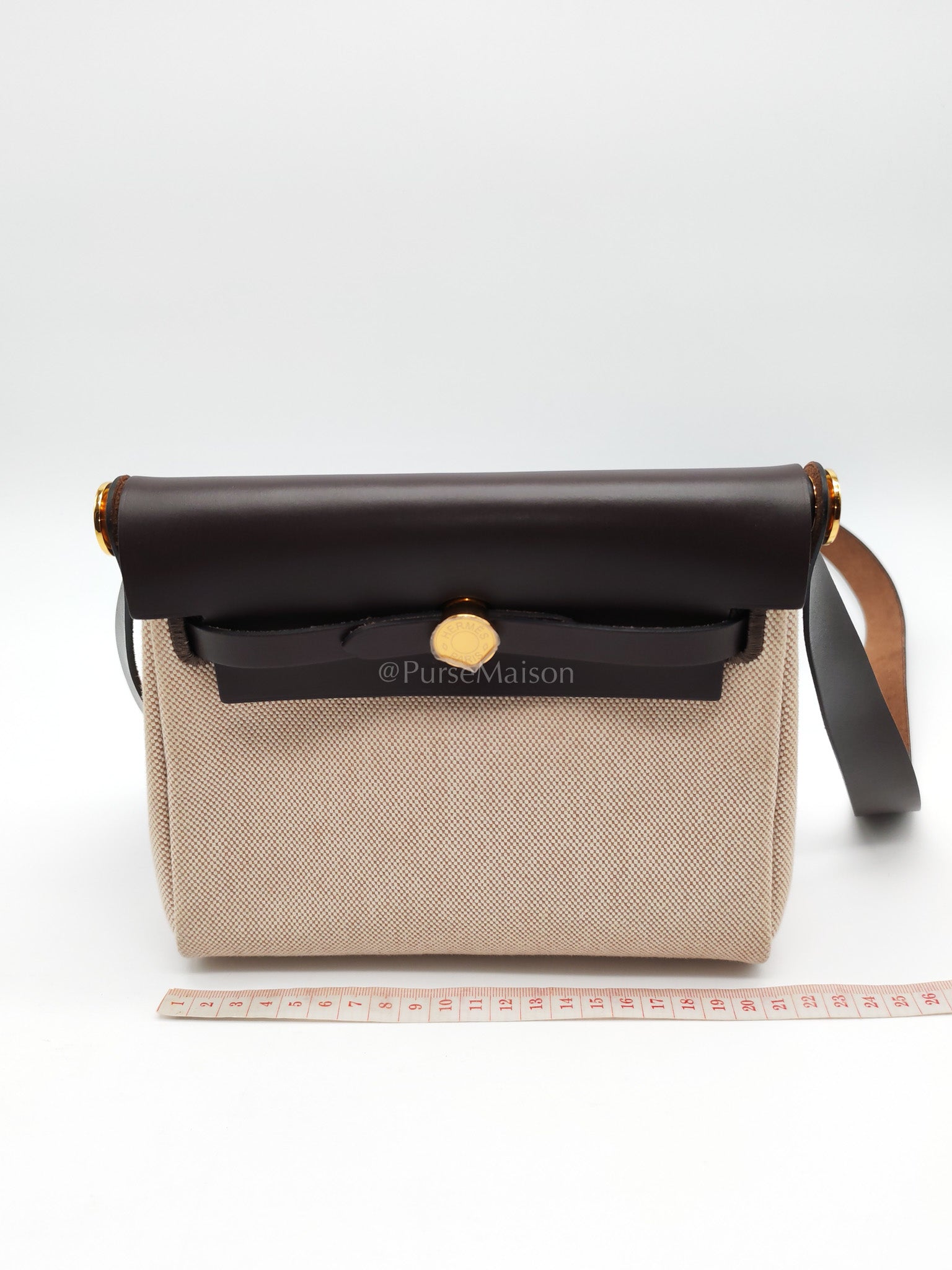 Herbag Mini in Military Toile Canvas & Ebene Leather Gold Hardware Stamp W(2024) | Purse Maison Luxury Bags Shop