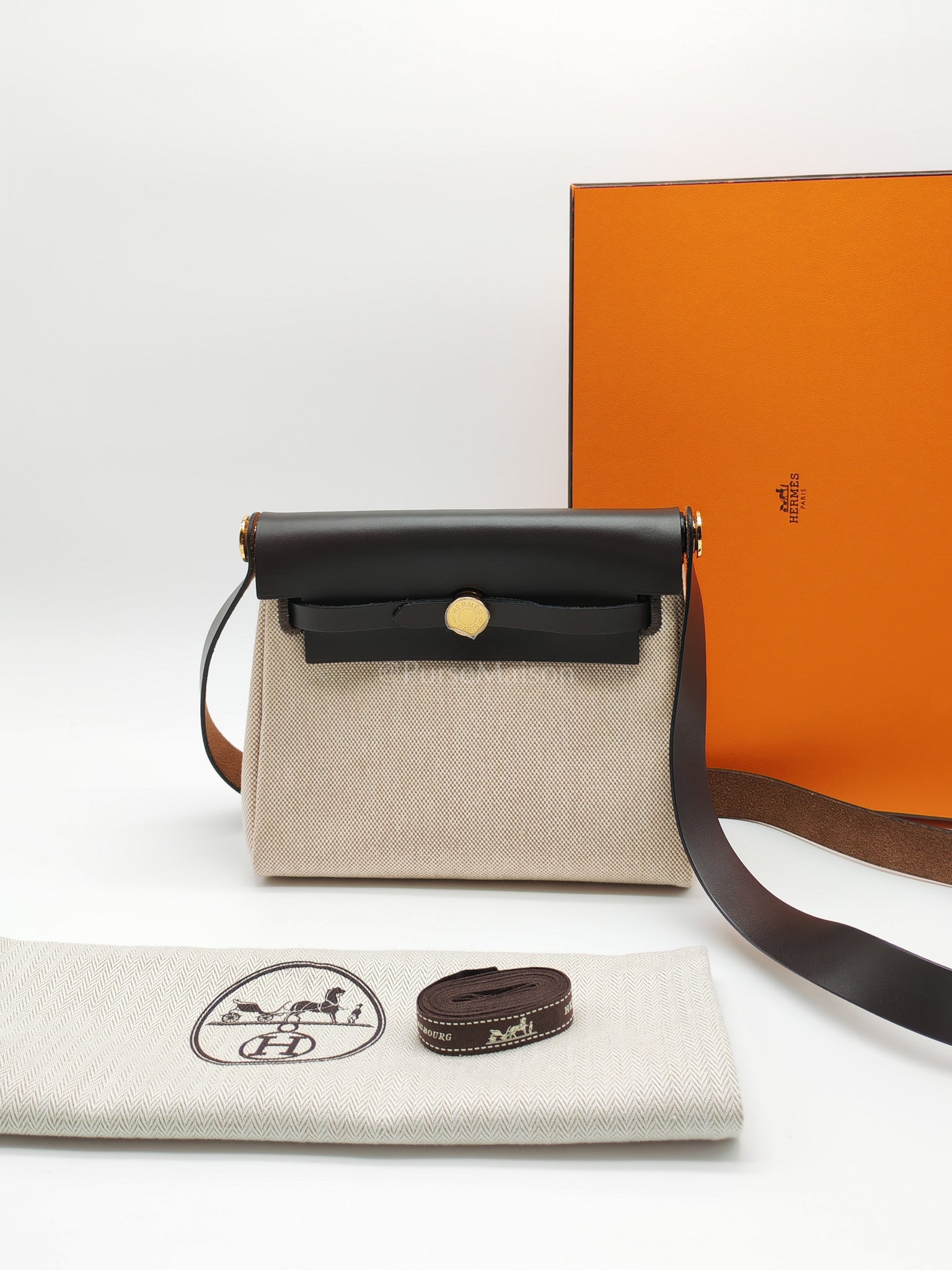 Herbag Mini in Military Toile Canvas & Ebene Leather Gold Hardware Stamp W(2024) | Purse Maison Luxury Bags Shop