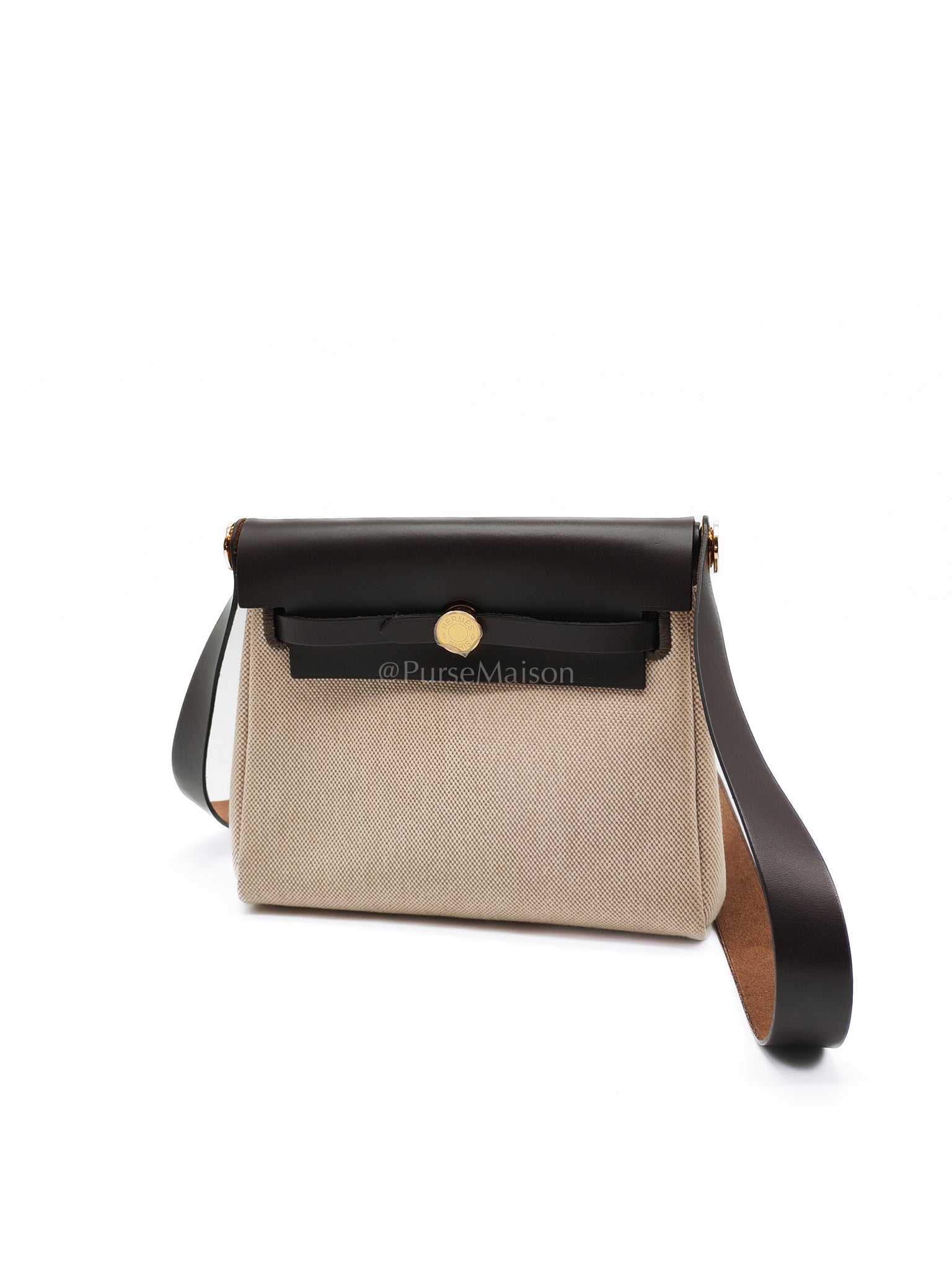 Herbag Mini in Military Toile Canvas & Ebene Leather Gold Hardware Stamp W(2024) | Purse Maison Luxury Bags Shop