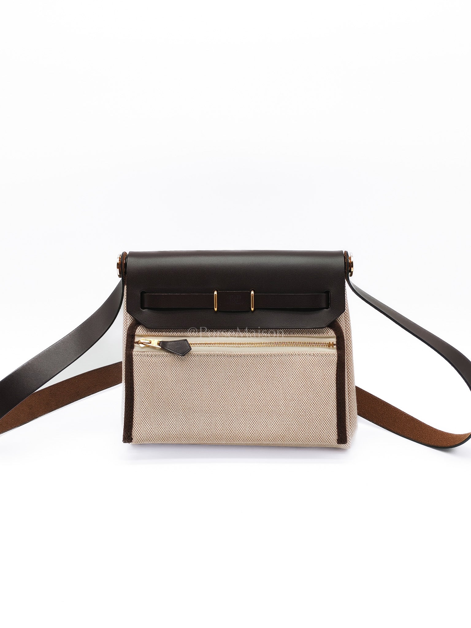 Herbag Mini in Military Toile Canvas & Ebene Leather Gold Hardware Stamp W(2024) | Purse Maison Luxury Bags Shop