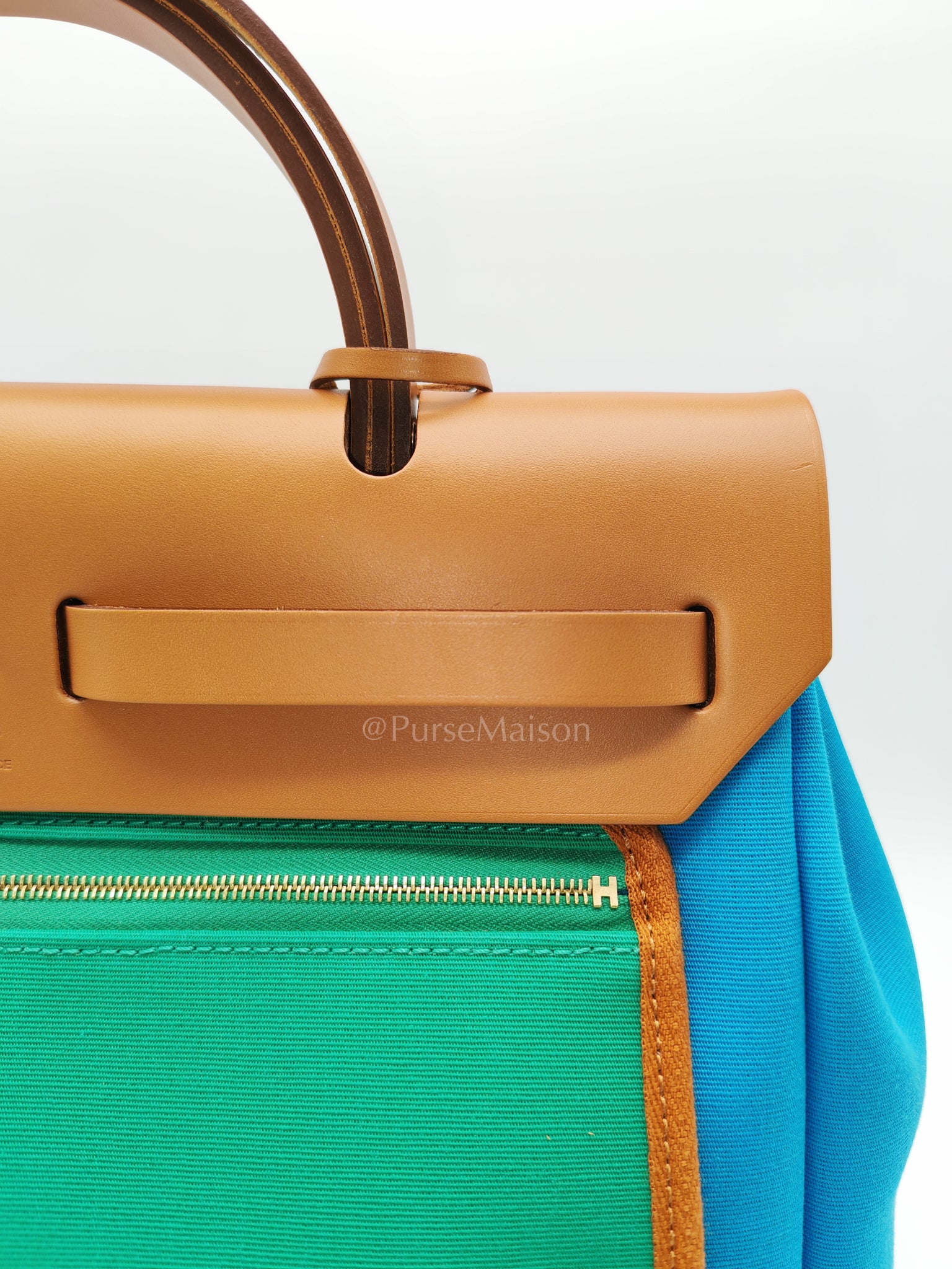 Herbag Zip 31 Bleu Azteque Menthe Tan Vache Hunter Toile Leather and Gold Hardware Stamp U (2022) | Purse Maison Luxury Bags Shop