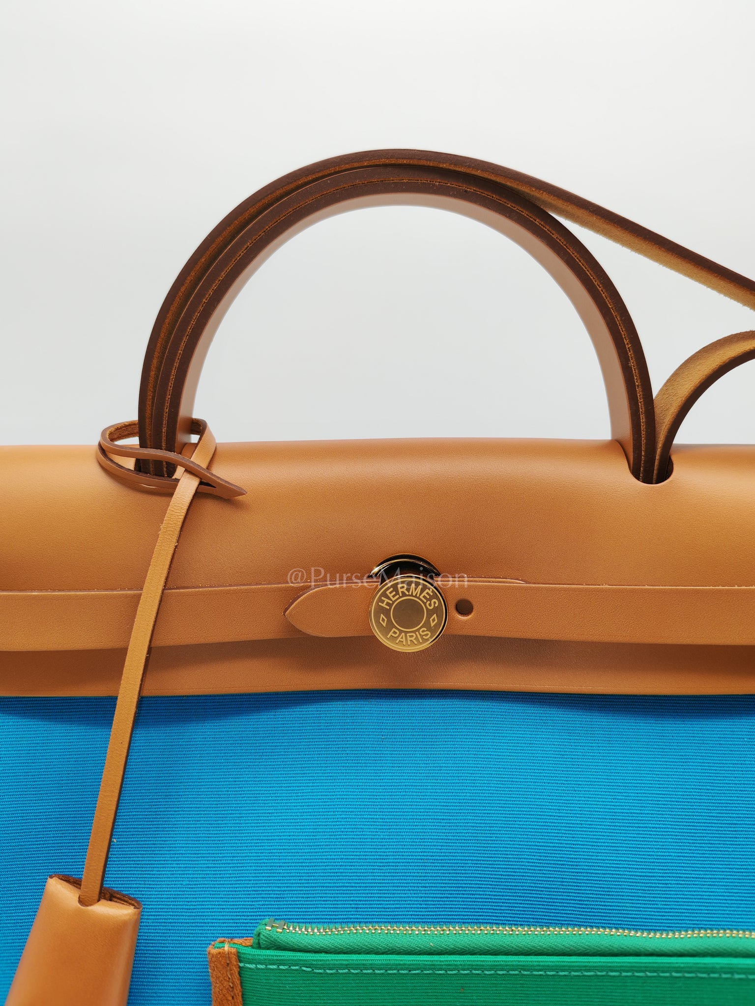 Herbag Zip 31 Bleu Azteque Menthe Tan Vache Hunter Toile Leather and Gold Hardware Stamp U (2022) | Purse Maison Luxury Bags Shop