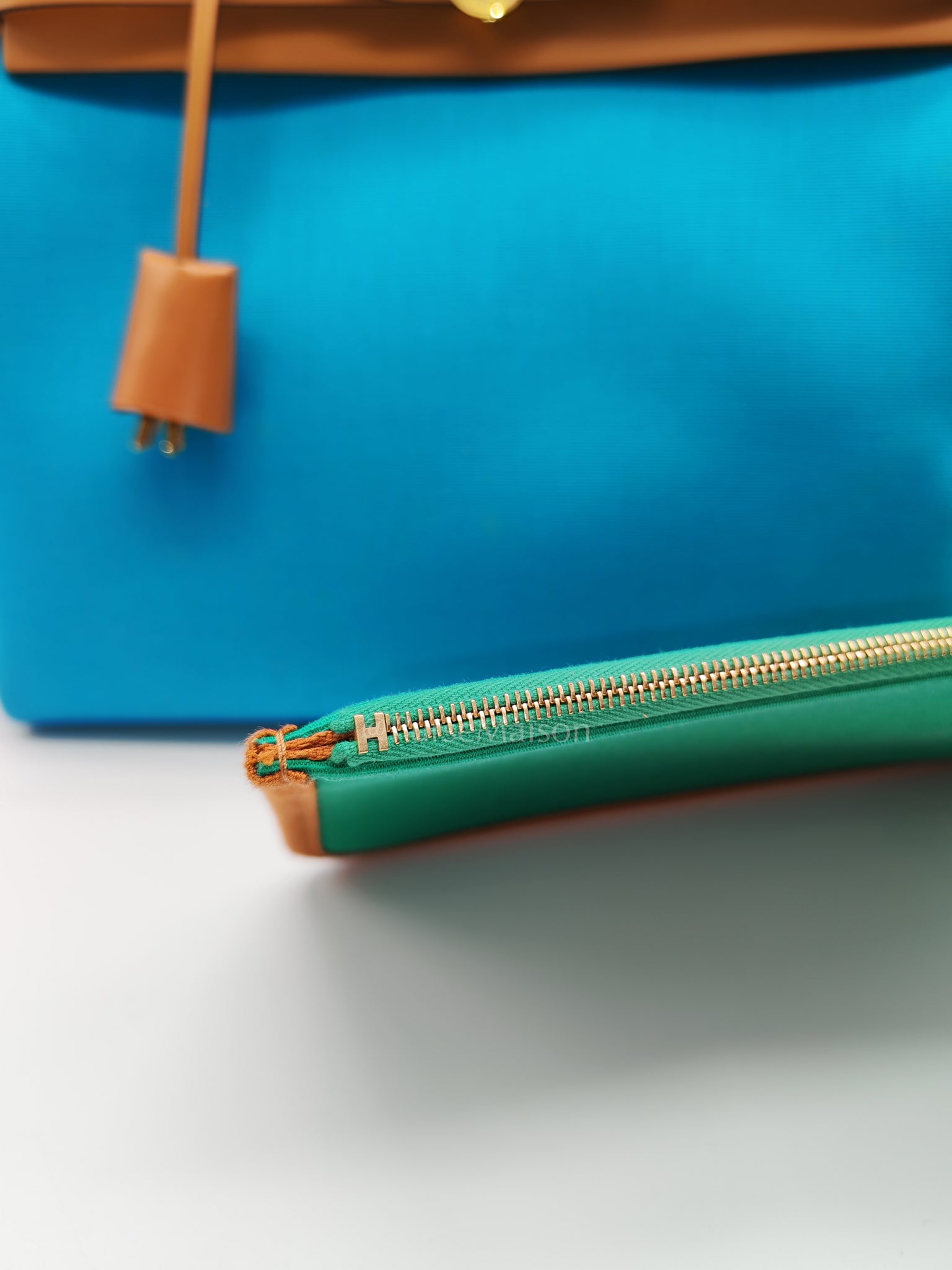 Herbag Zip 31 Bleu Azteque Menthe Tan Vache Hunter Toile Leather and Gold Hardware Stamp U (2022) | Purse Maison Luxury Bags Shop