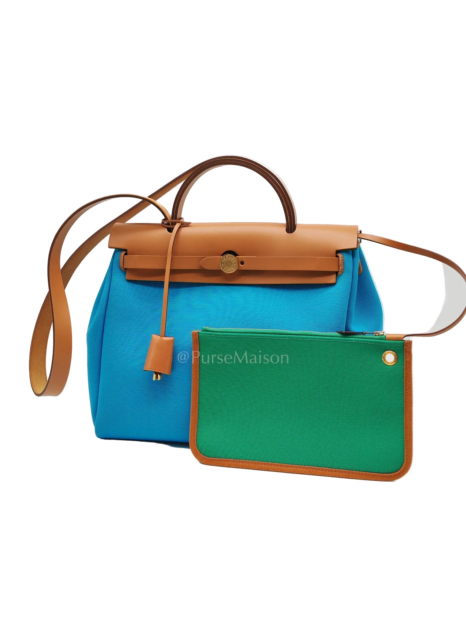 Herbag Zip 31 Bleu Azteque Menthe Tan Vache Hunter Toile Leather and Gold Hardware Stamp U (2022) | Purse Maison Luxury Bags Shop