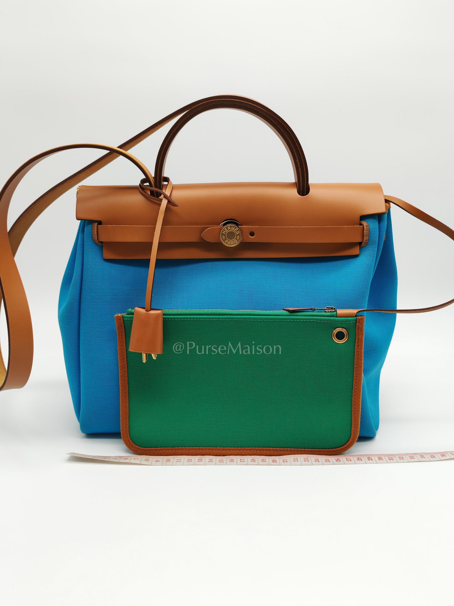 Herbag Zip 31 Bleu Azteque Menthe Tan Vache Hunter Toile Leather and Gold Hardware Stamp U (2022) | Purse Maison Luxury Bags Shop
