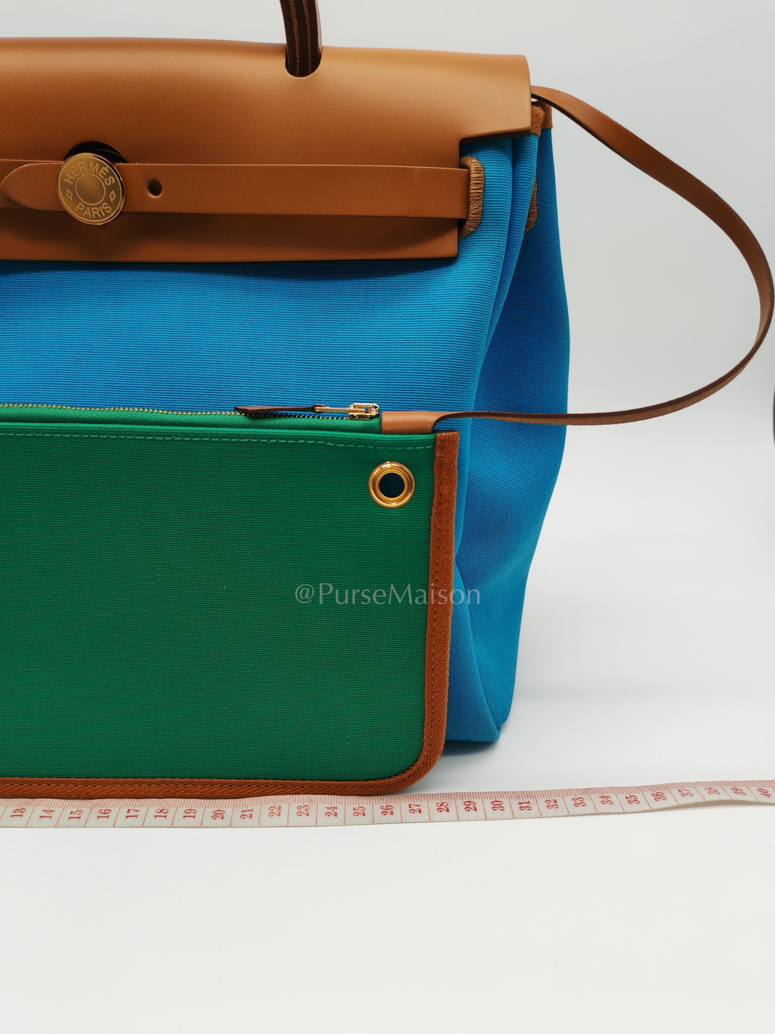 Herbag Zip 31 Bleu Azteque Menthe Tan Vache Hunter Toile Leather and Gold Hardware Stamp U (2022) | Purse Maison Luxury Bags Shop