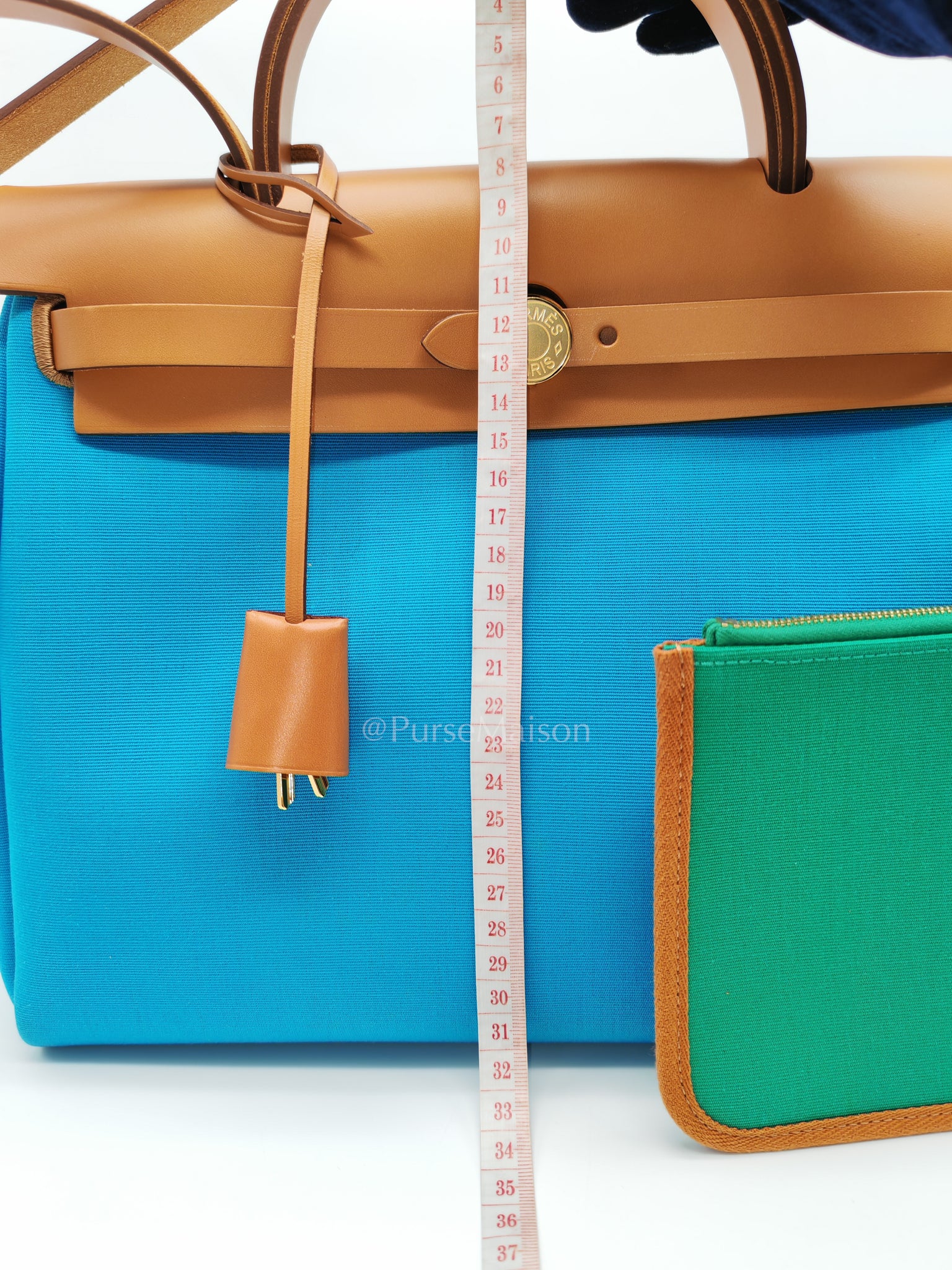 Herbag Zip 31 Bleu Azteque Menthe Tan Vache Hunter Toile Leather and Gold Hardware Stamp U (2022) | Purse Maison Luxury Bags Shop