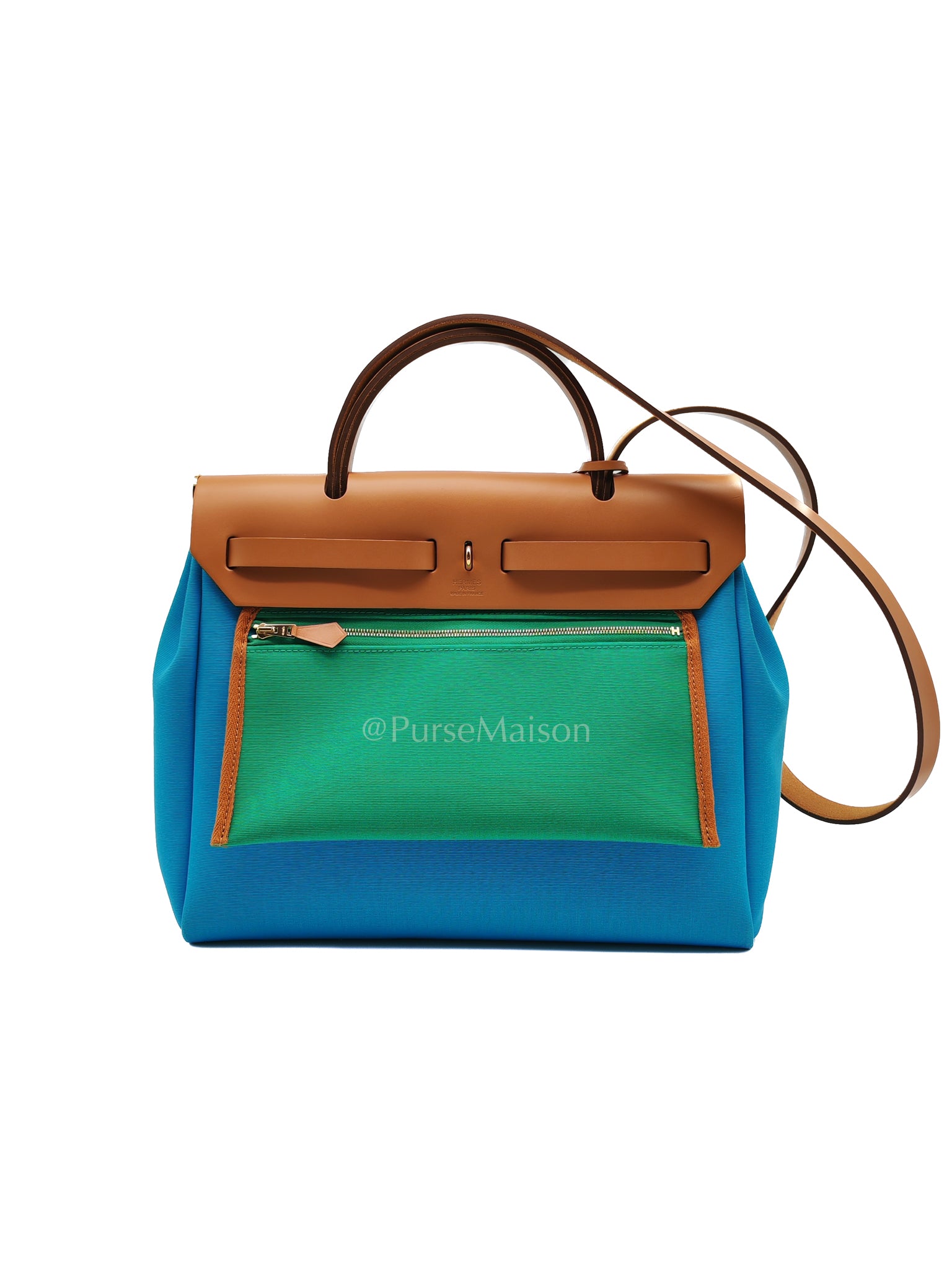 Herbag Zip 31 Bleu Azteque Menthe Tan Vache Hunter Toile Leather and Gold Hardware Stamp U (2022) | Purse Maison Luxury Bags Shop