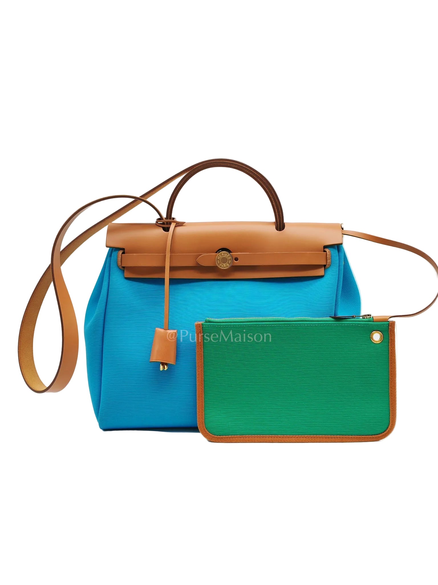 Herbag Zip 31 Bleu Azteque Menthe Tan Vache Hunter Toile Leather and Gold Hardware Stamp U (2022) | Purse Maison Luxury Bags Shop