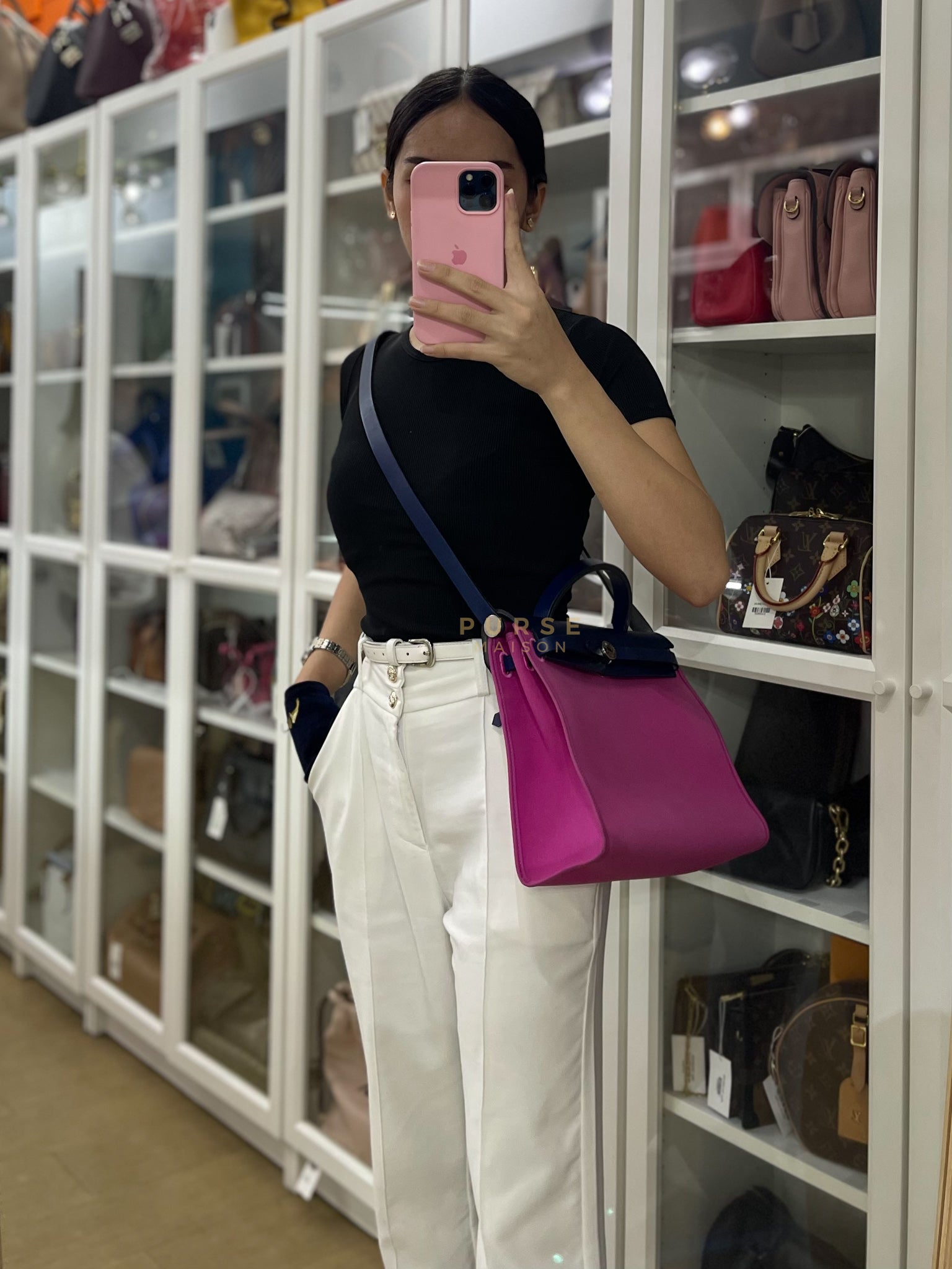 Herbag Zip 31 Vache Hunter Toile Officier Magnolia/Bleu Saphir and Palladium Hardware Stamp Y (2020) | Purse Maison Luxury Bags Shop