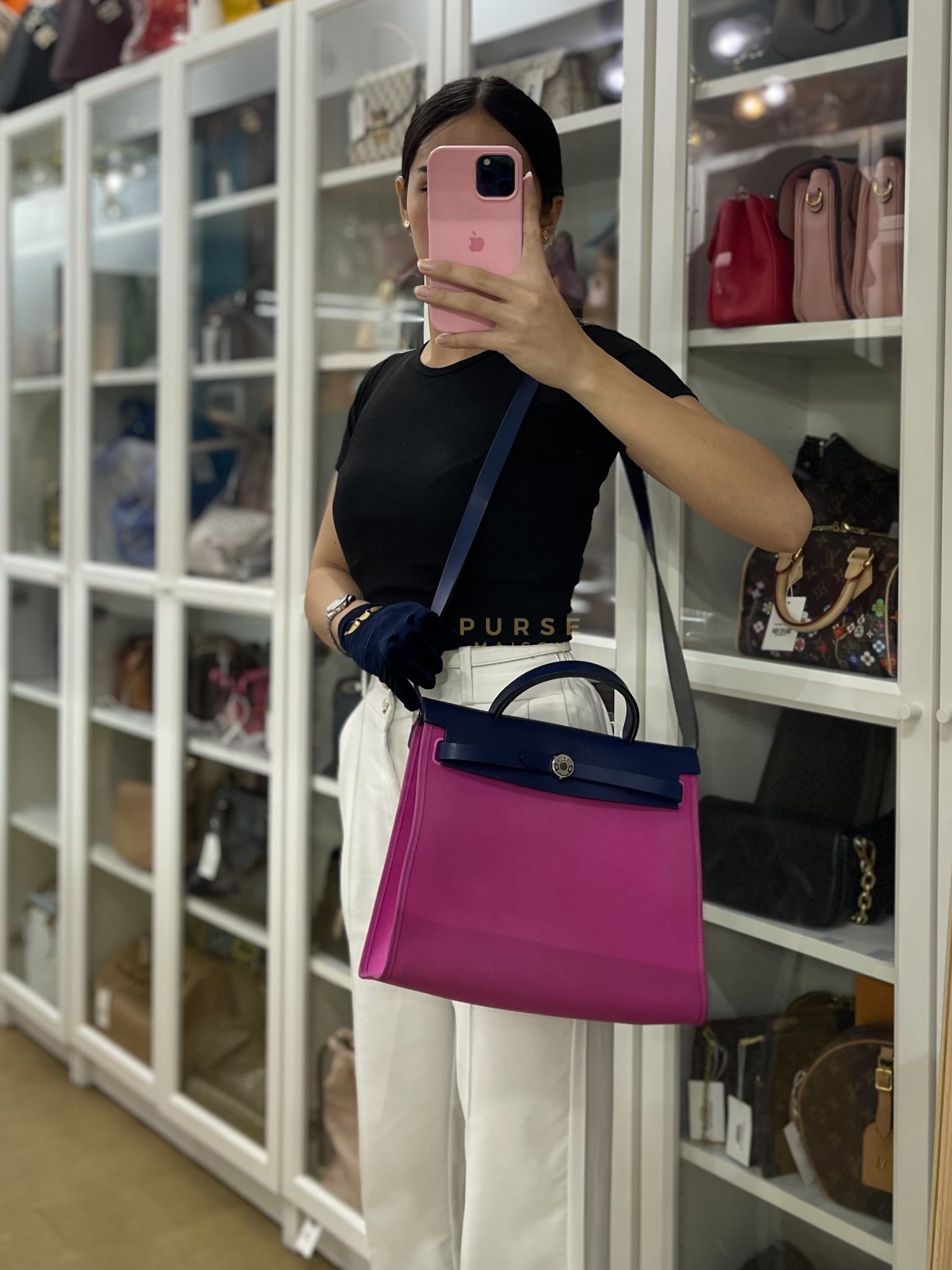 Herbag Zip 31 Vache Hunter Toile Officier Magnolia/Bleu Saphir and Palladium Hardware Stamp Y (2020) | Purse Maison Luxury Bags Shop