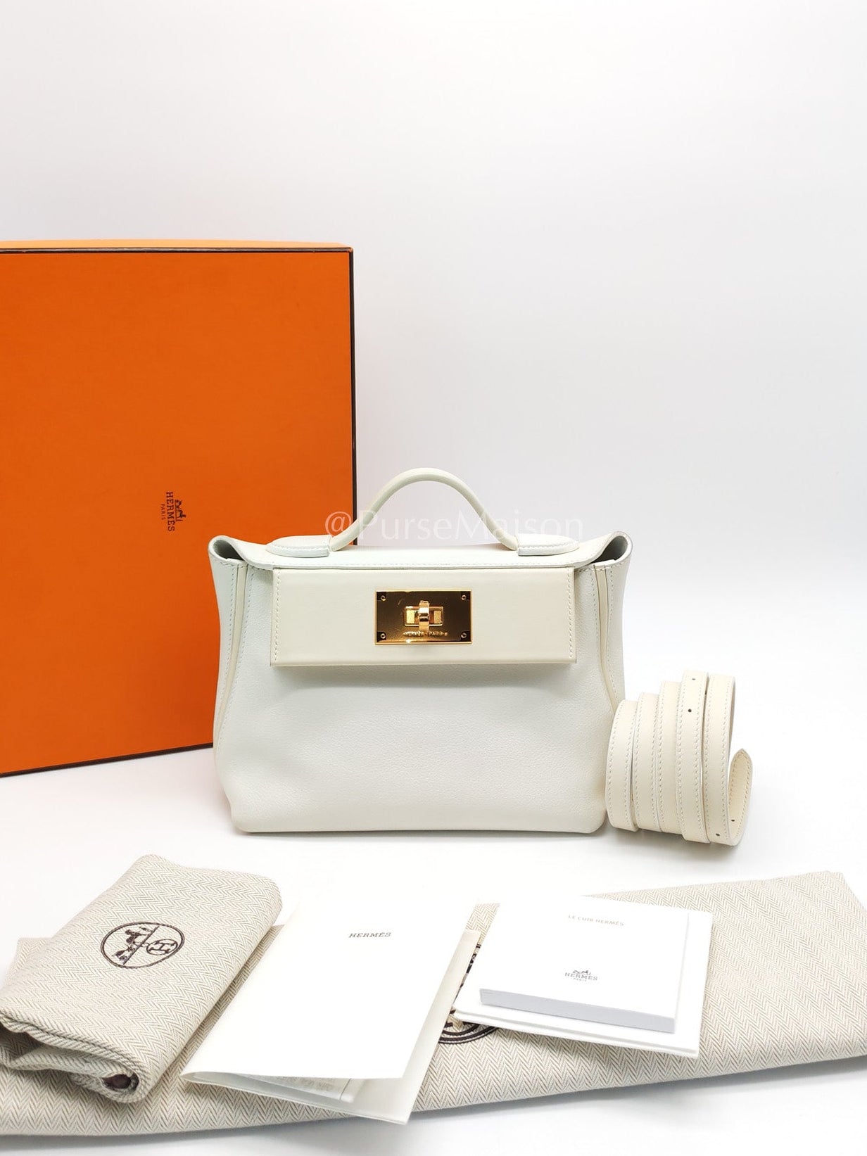 Hermes 24/24 Mini Veau Evercolor/Veau Swift Ay Blanc/Nata and Gold Hardware Stamp Z (2021) | Purse Maison Luxury Bags Shop