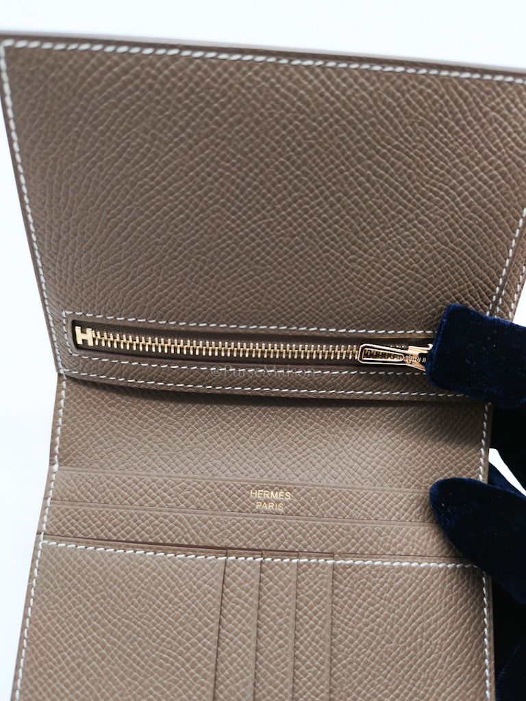 Bearn Bifold in Etoupe Epsom Leather and Gold Hardware Stamp K (2025) | Purse Maison Luxury Bags Shop