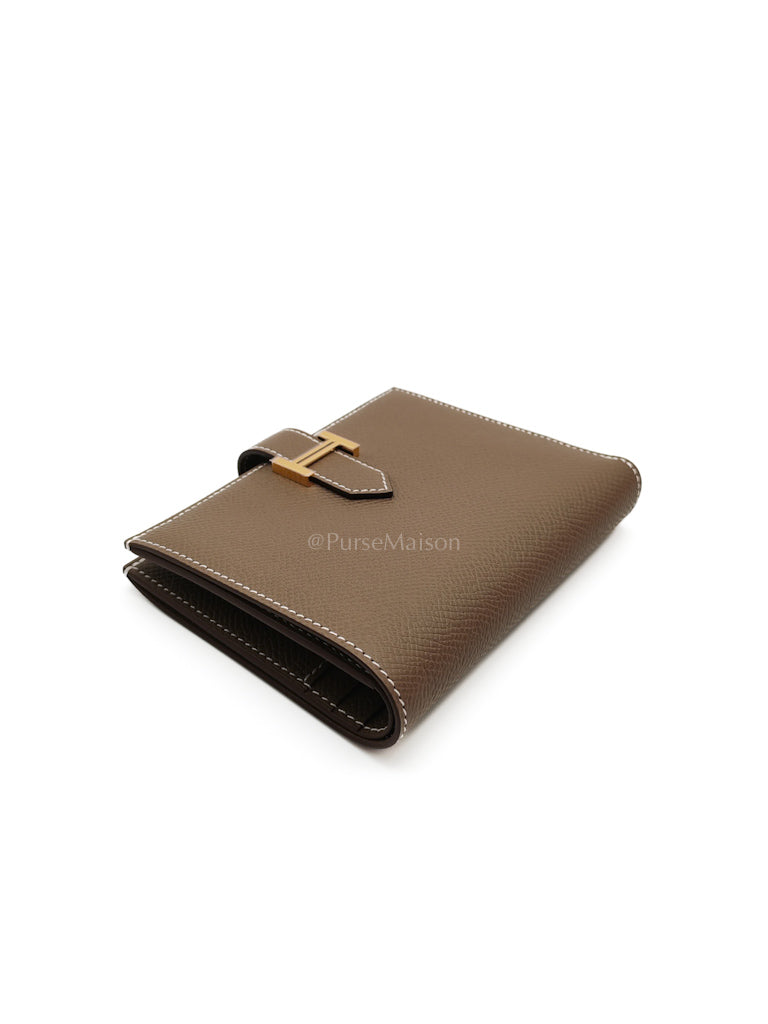 Bearn Bifold in Etoupe Epsom Leather and Gold Hardware Stamp K (2025) | Purse Maison Luxury Bags Shop