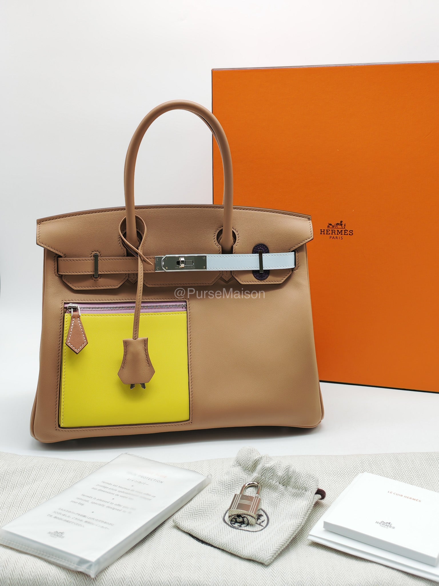 Hermès Birkin 30 Colormatic Chai/Lime/Blue Brume/Cassis Swift Leather Palladium Hardware Stamp U(2022) | Purse Maison Luxury Bags Shop