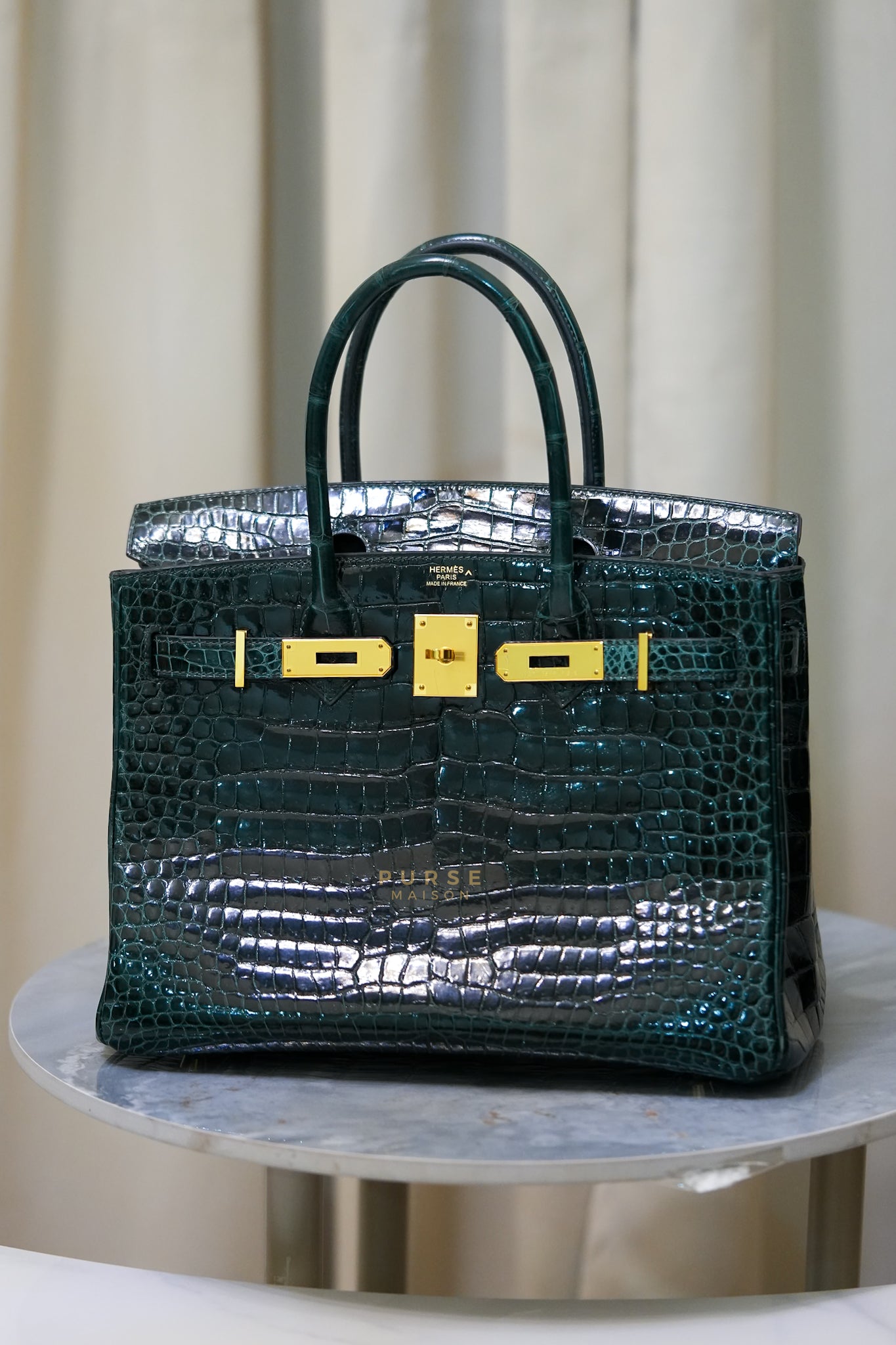 Hermès Birkin 30 Vert Fonce Shiny Porosus Crocodile Gold Hardware Stamp D (2019) | Purse Maison Luxury Bags Shop