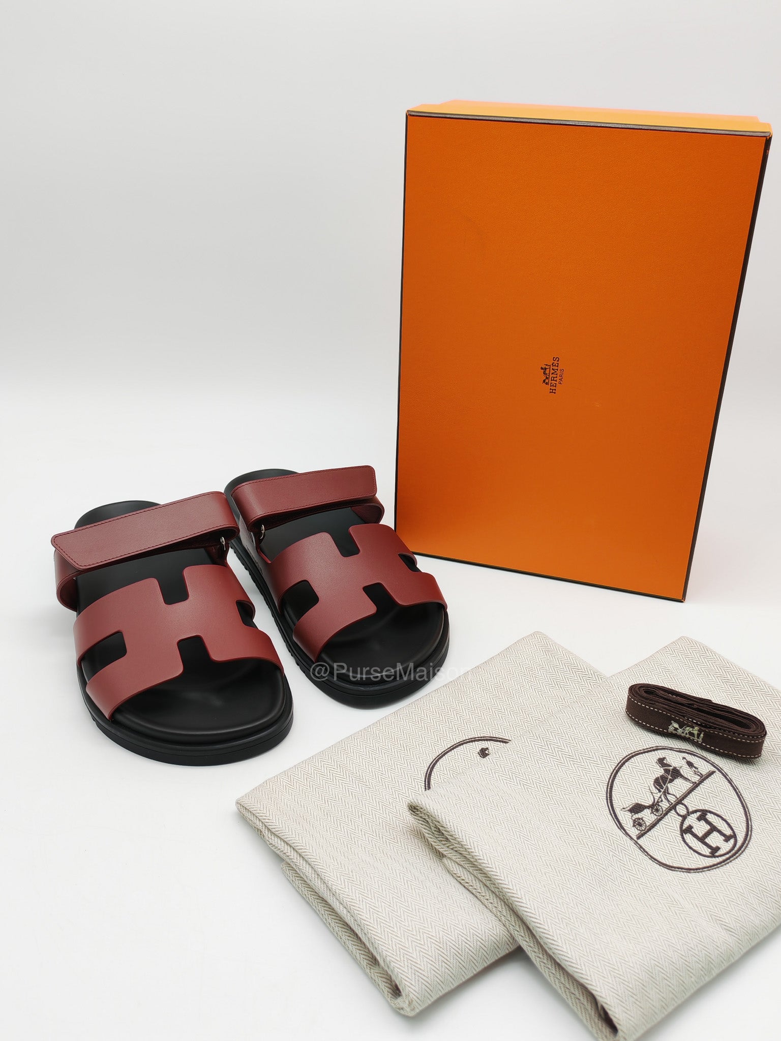 Hermes Chypre Sandals In Deep Burgundy H-Shaped Strap Design Size 38 (25cm) | Purse Maison Luxury Bags Shop