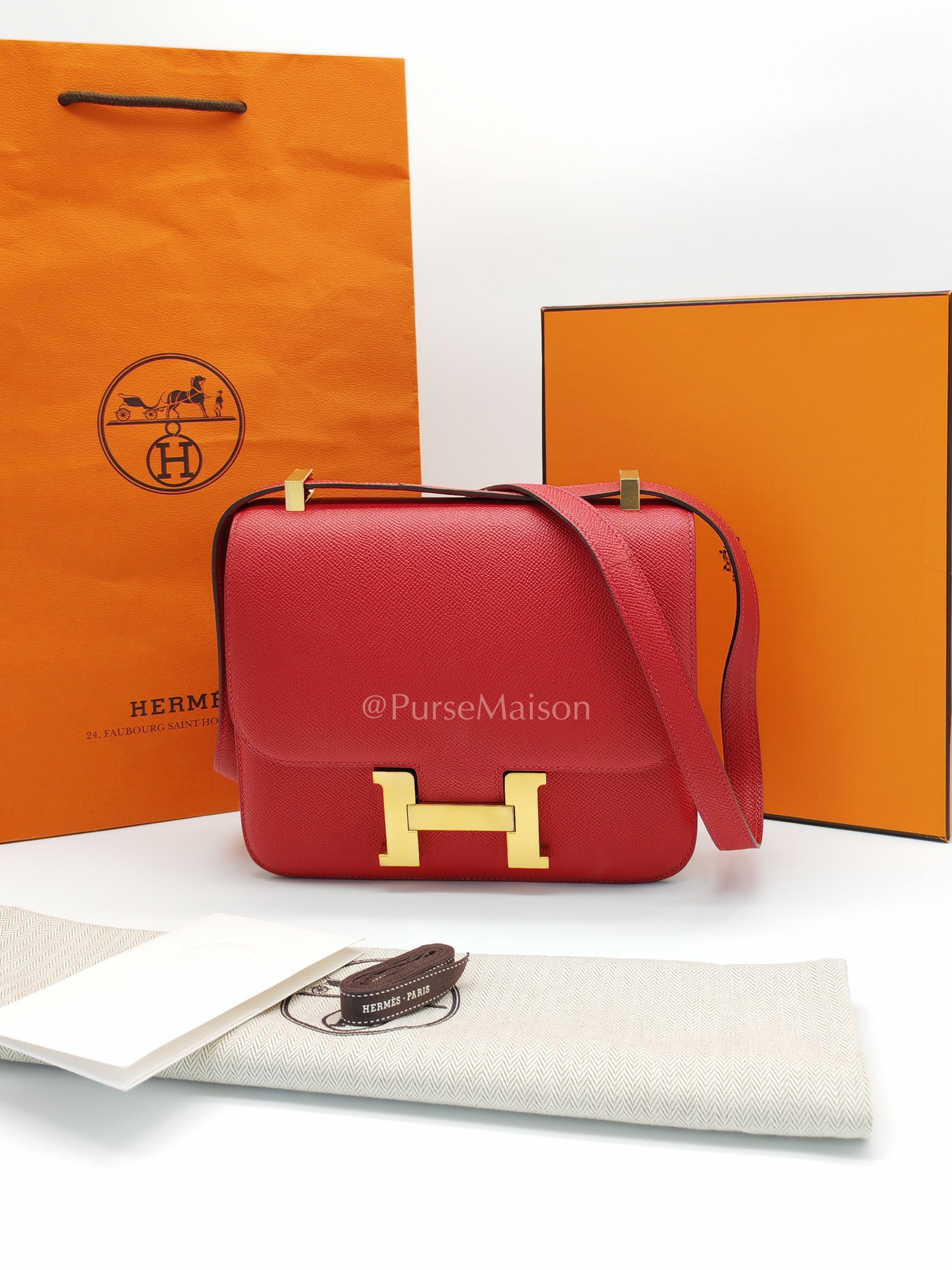 Constance 24 in Red Epsom Leather and Gold Hardware Stamp X (2016) | Purse Maison Luxury Bags Shop