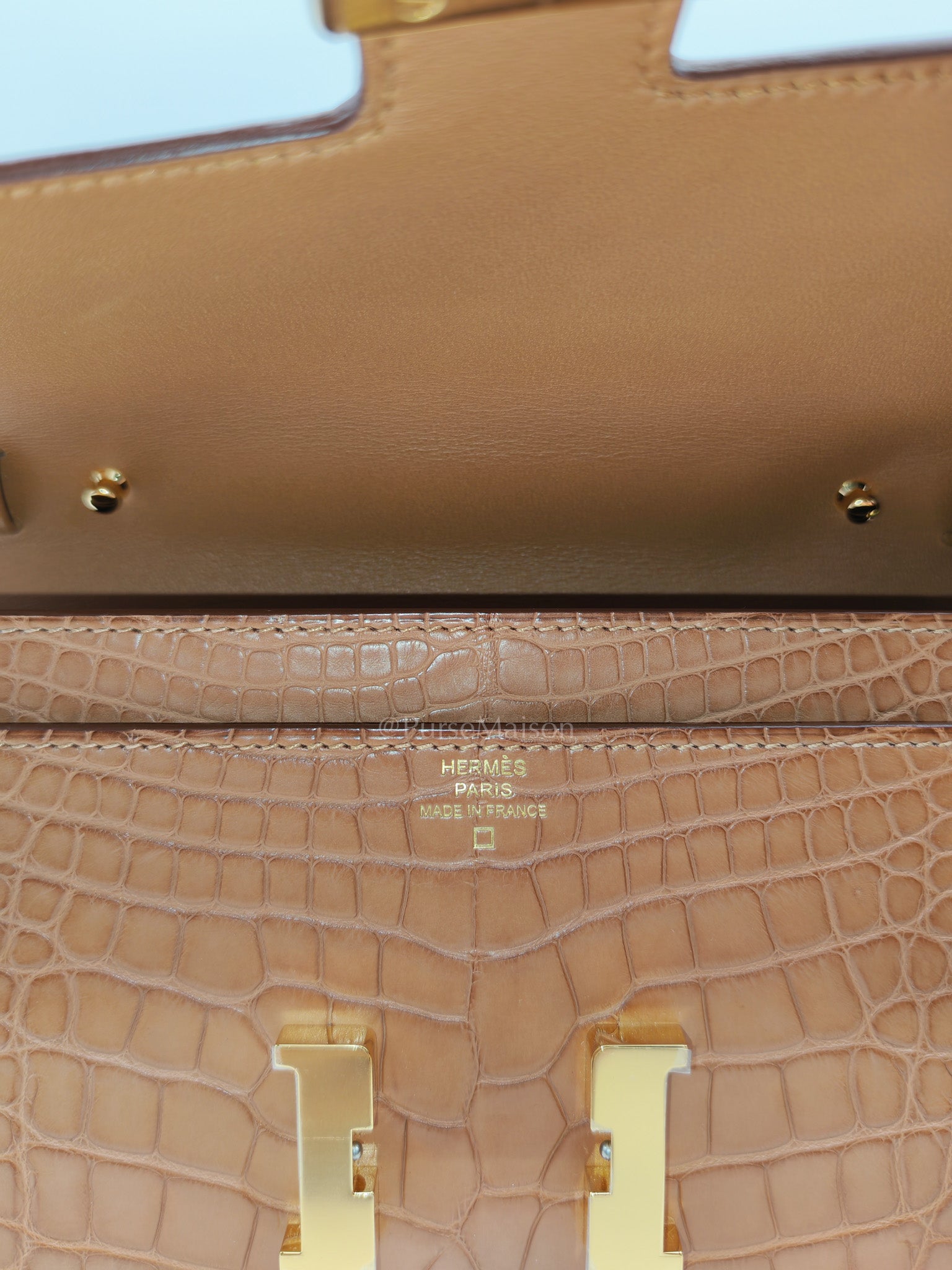 Constance To Go in Gold Matte Aligator Leather Gold Hardware Stamp Z(2021) | Purse Maison Luxury Bags Shop