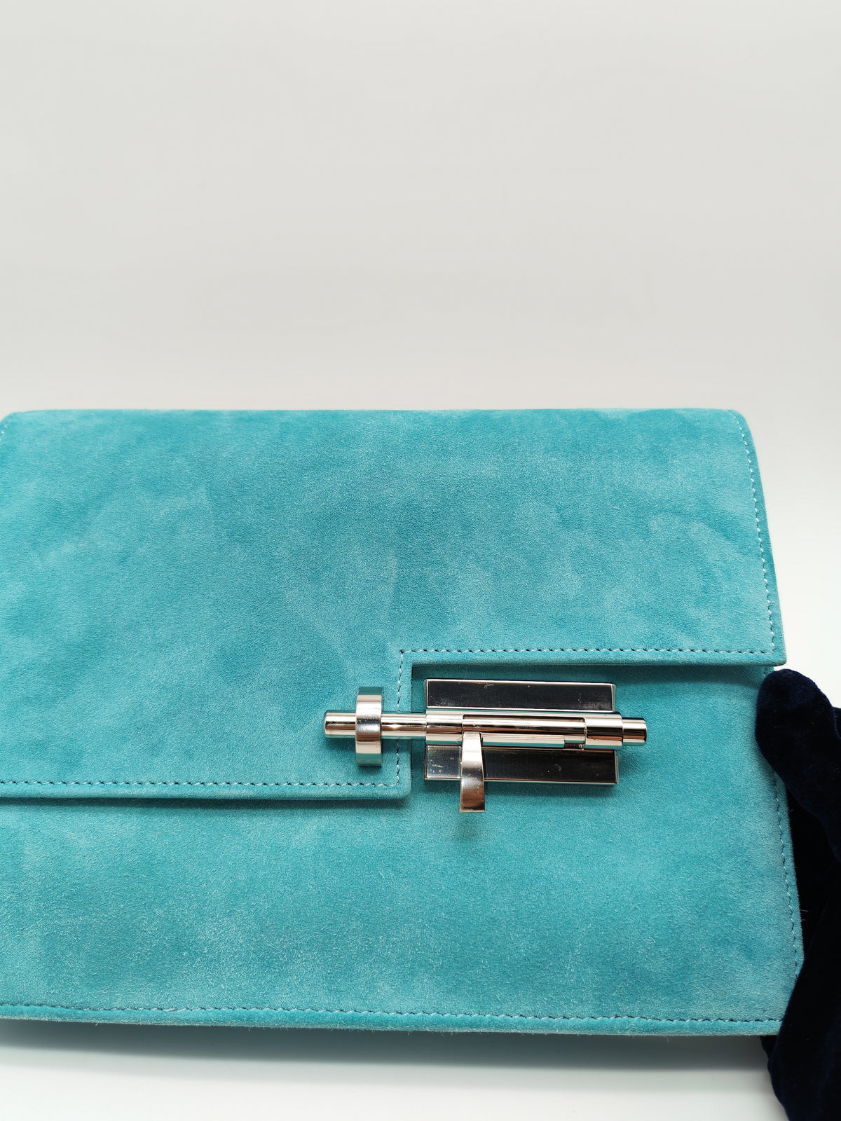 Hermes Doblis Mini Verrou Clutch Bag in Blue Atoll Suede Leather and Palladium Hardware Stamp X (2016) | Purse Maison Luxury Bags Shop