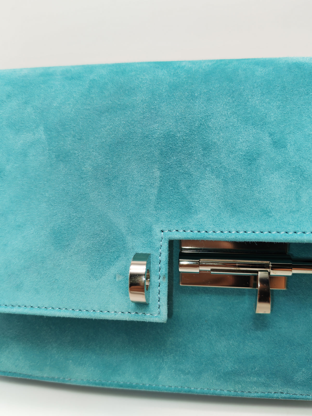 Hermes Doblis Mini Verrou Clutch Bag in Blue Atoll Suede Leather and Palladium Hardware Stamp X (2016) | Purse Maison Luxury Bags Shop