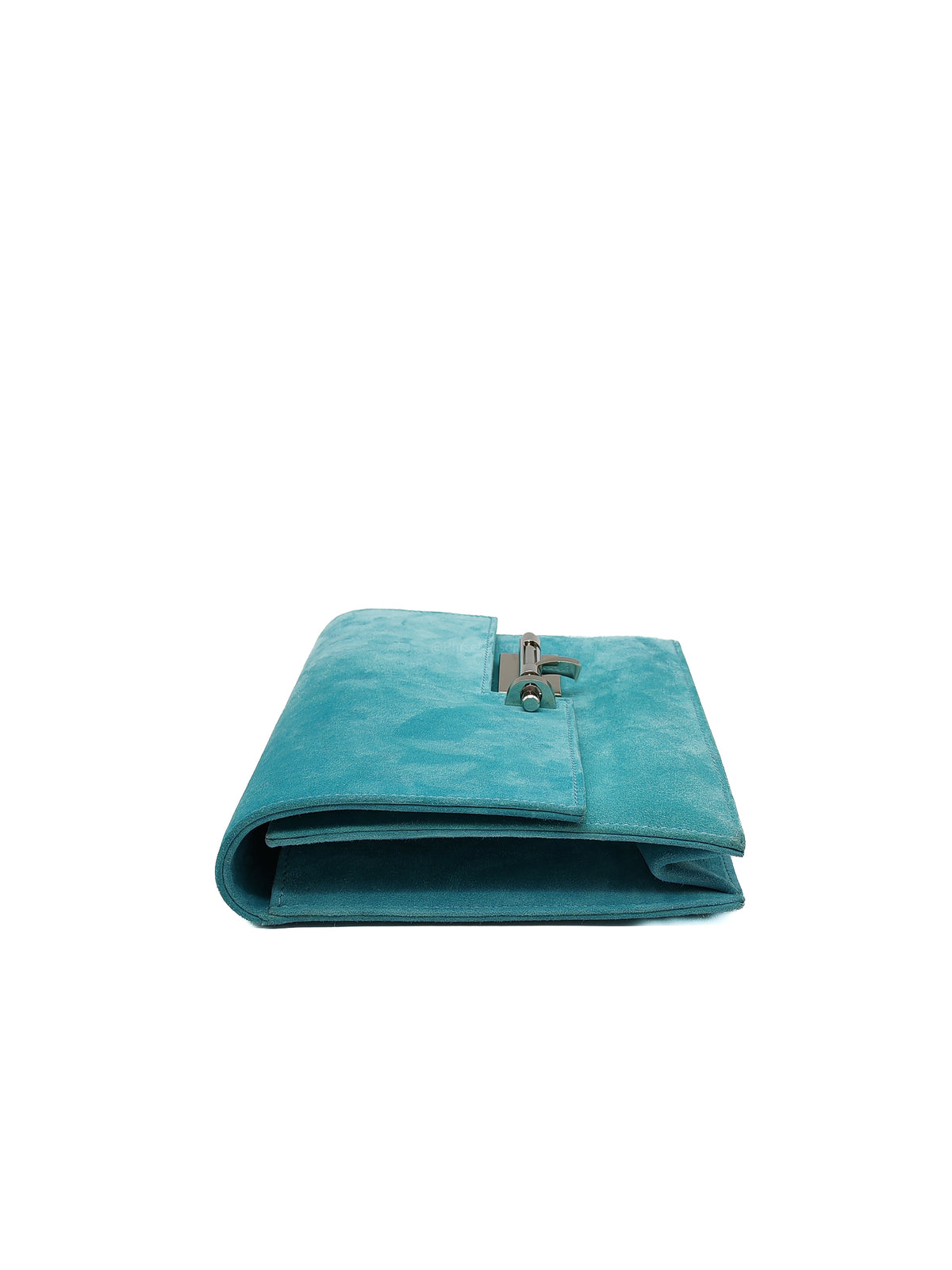 Hermes Doblis Mini Verrou Clutch Bag in Blue Atoll Suede Leather and Palladium Hardware Stamp X (2016) | Purse Maison Luxury Bags Shop