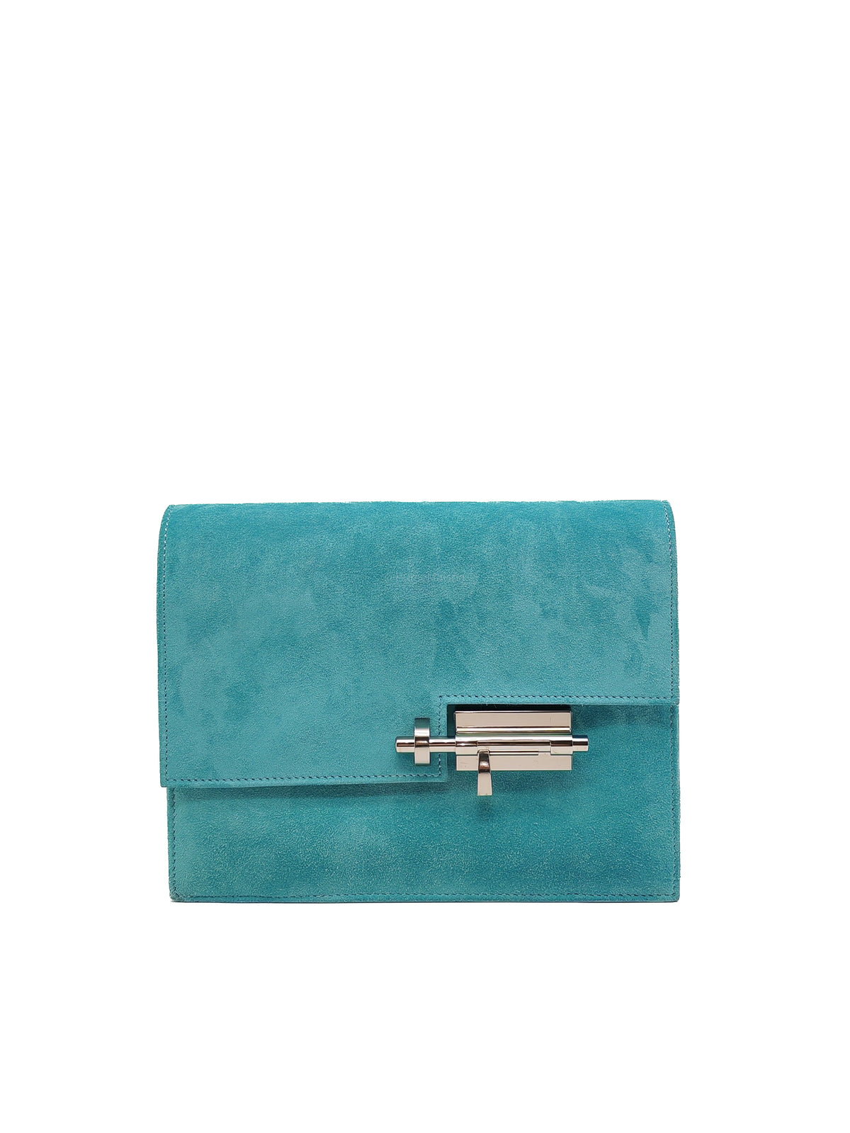 Hermes Doblis Mini Verrou Clutch Bag in Blue Atoll Suede Leather and Palladium Hardware Stamp X (2016) | Purse Maison Luxury Bags Shop