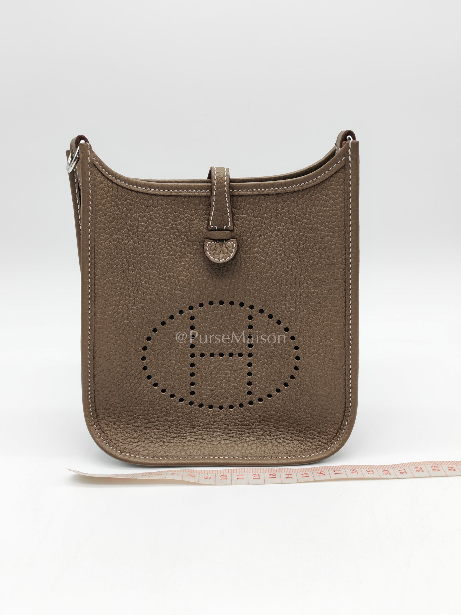Hermes Evelyne 16 TPM in Etoupe Clemence Leather with Navy Blue Strap Palladium Hardware Stamp K(2025) | Purse Maison Luxury Bags Shop