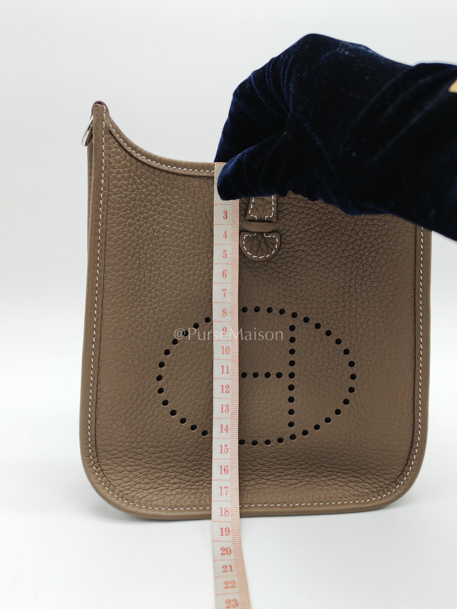 Hermes Evelyne 16 TPM in Etoupe Clemence Leather with Navy Blue Strap Palladium Hardware Stamp K(2025) | Purse Maison Luxury Bags Shop