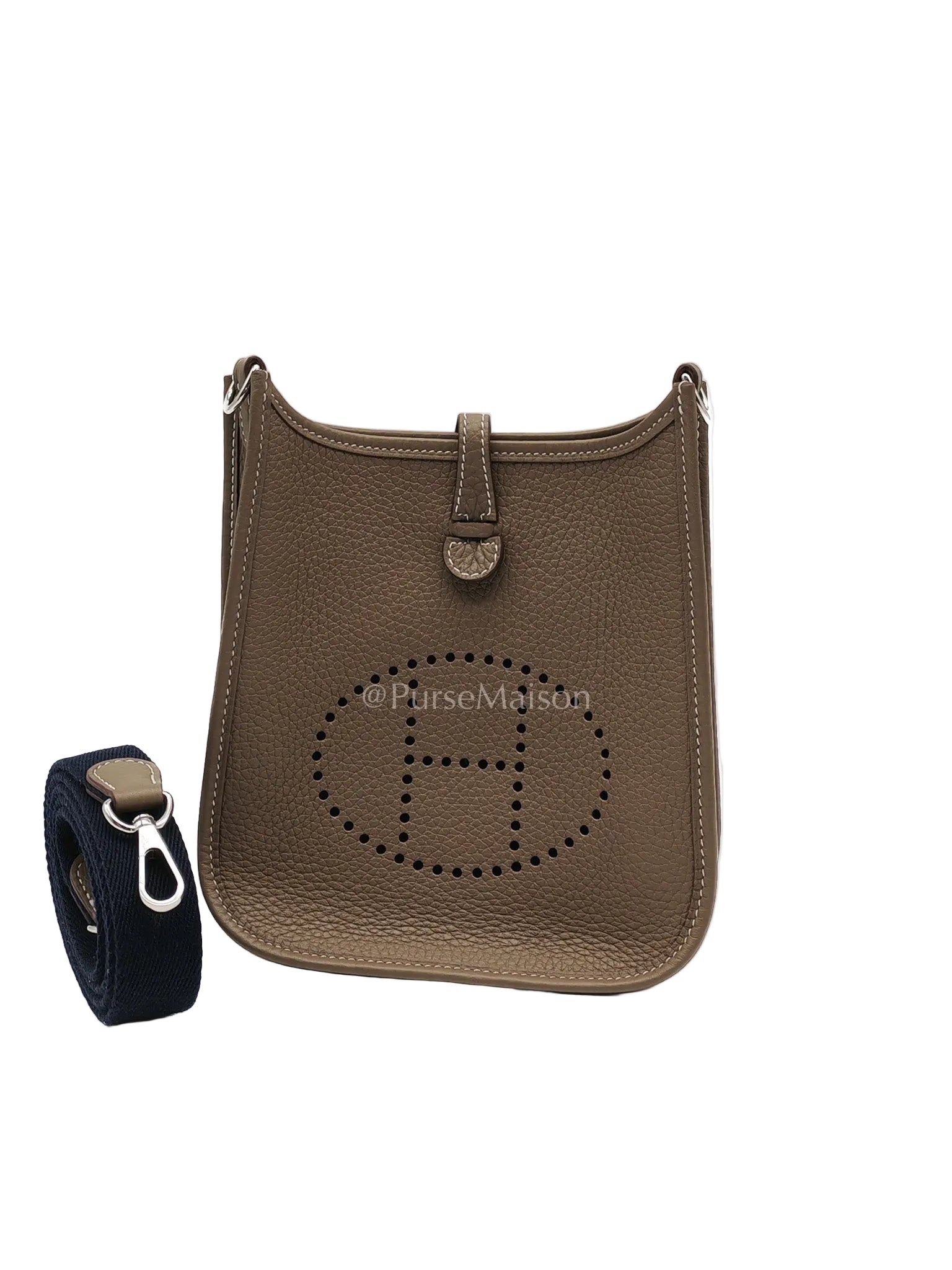 Hermes Evelyne 16 TPM in Etoupe Clemence Leather with Navy Blue Strap Palladium Hardware Stamp K(2025) | Purse Maison Luxury Bags Shop