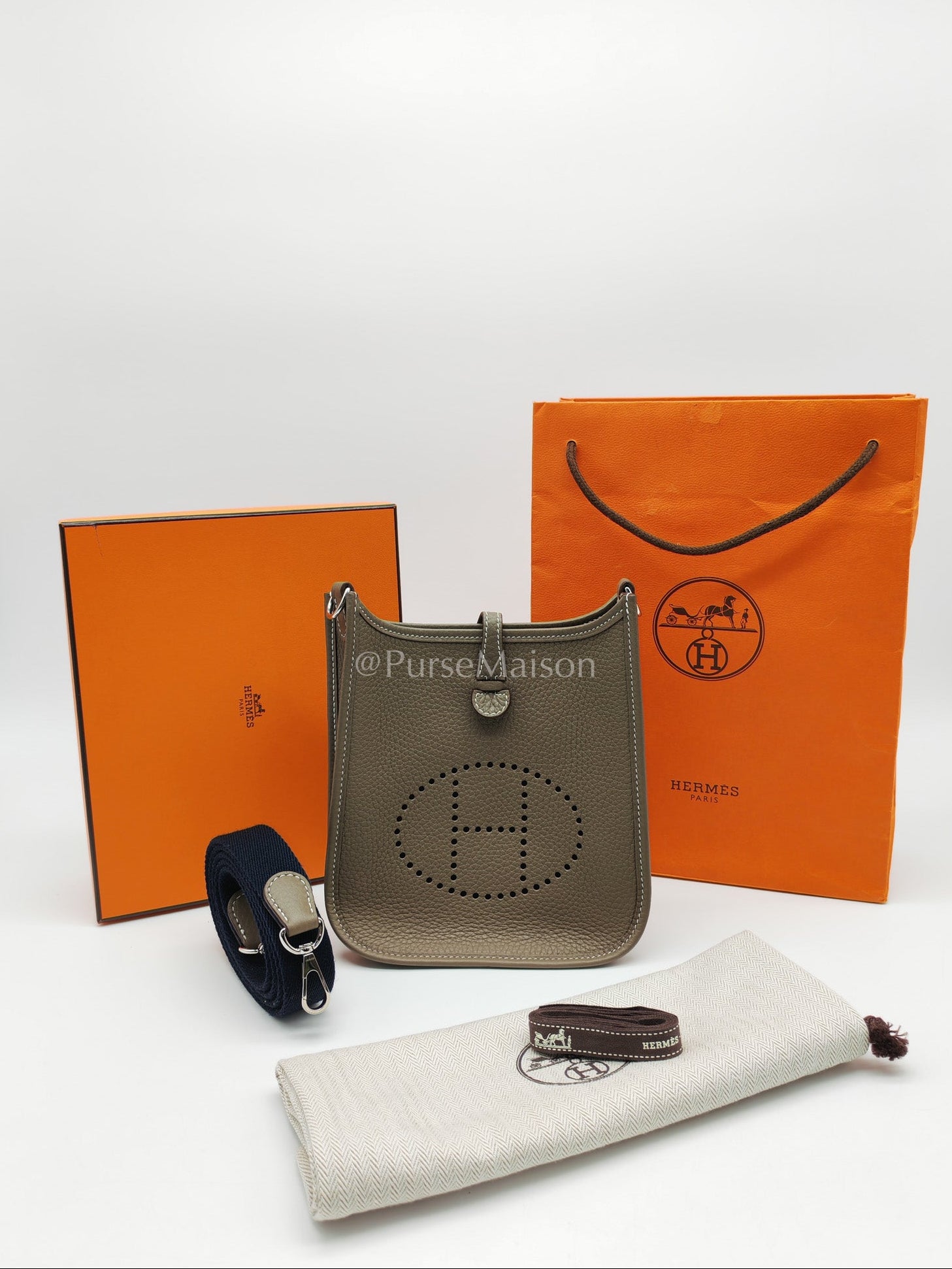 Hermes Evelyne 16 TPM in Etoupe Clemence Leather with Navy Blue Strap Palladium Hardware Stamp K(2025) | Purse Maison Luxury Bags Shop