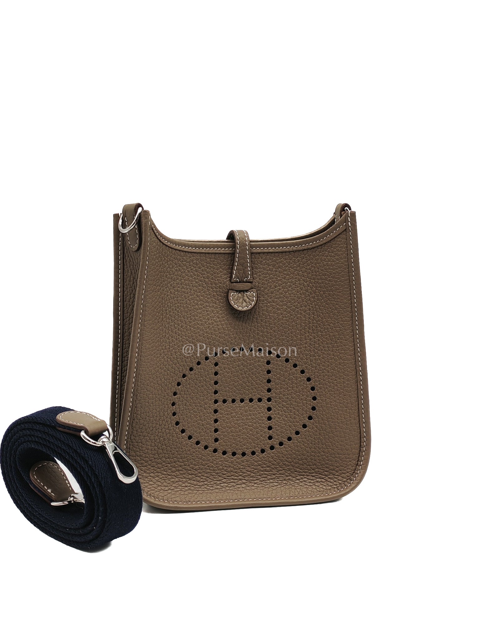 Hermes Evelyne 16 TPM in Etoupe Clemence Leather with Navy Blue Strap Palladium Hardware Stamp K(2025) | Purse Maison Luxury Bags Shop