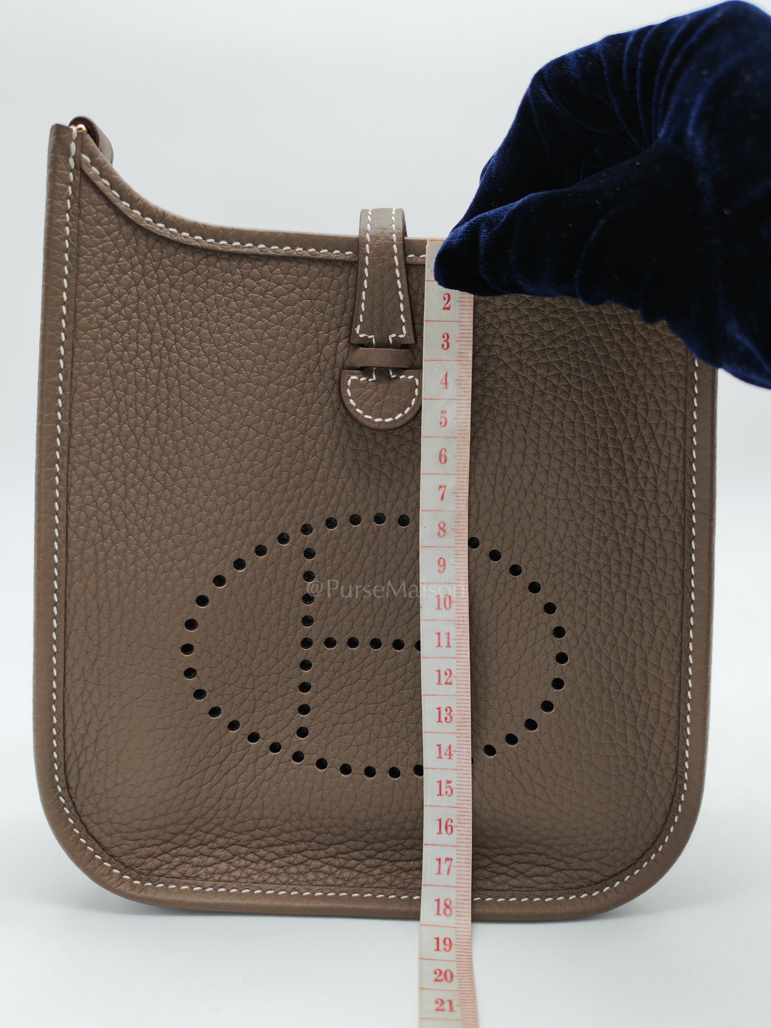 Hermes Evelyne 16 TPM in Etoupe Clemence with Navy Blue Strap Leather Gold Hardware Stamp W(2024) | Purse Maison Luxury Bags Shop