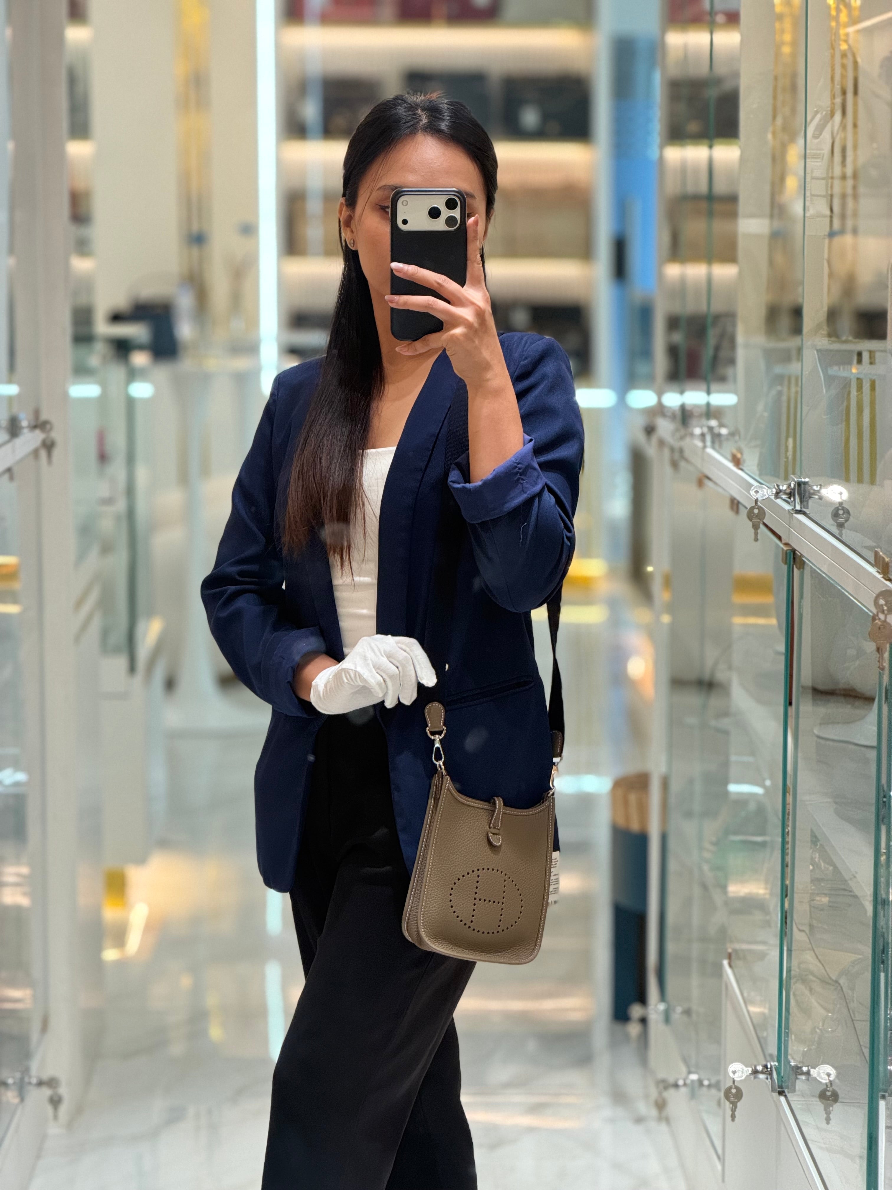 Hermes Evelyne 16 TPM in Etoupe Leather Clemence with Navy Blue Strap Gold Hardware Stamp W(2024) | Purse Maison Luxury Bags Shop