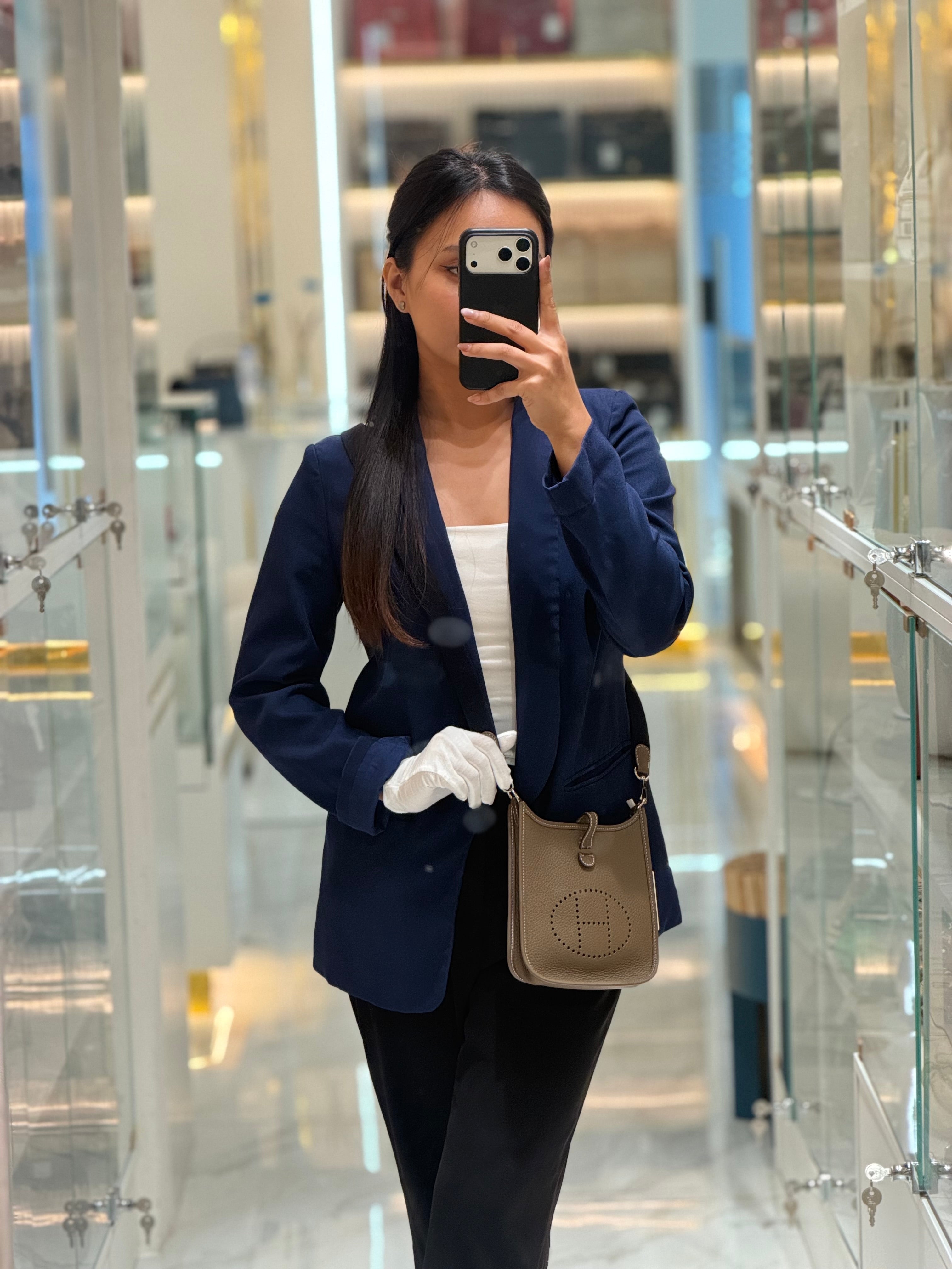 Hermes Evelyne 16 TPM in Etoupe Leather Clemence with Navy Blue Strap Gold Hardware Stamp W(2024) | Purse Maison Luxury Bags Shop
