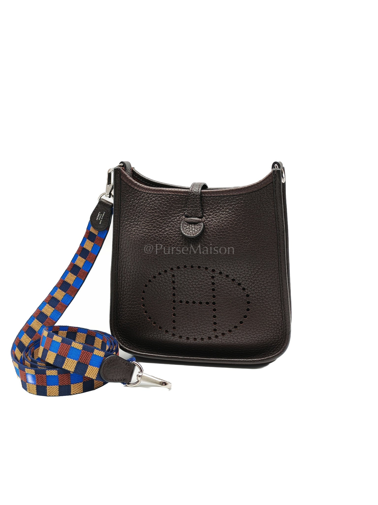 Evelyne TPM Ebene Clemence Leather in Palladium Hardware and Multicolor Maxi Quadrille Strap Stamp U (2022) | Purse Maison Luxury Bags Shop