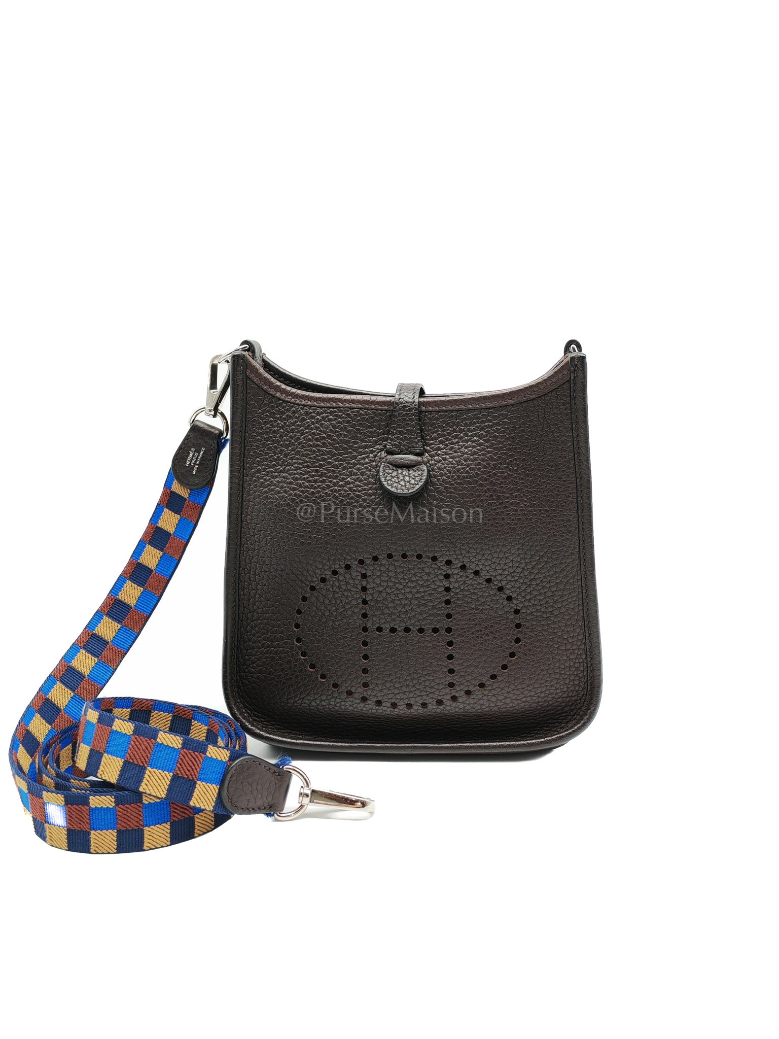 Evelyne TPM Ebene Clemence Leather in Palladium Hardware and Multicolor Maxi Quadrille Strap Stamp U (2022) | Purse Maison Luxury Bags Shop