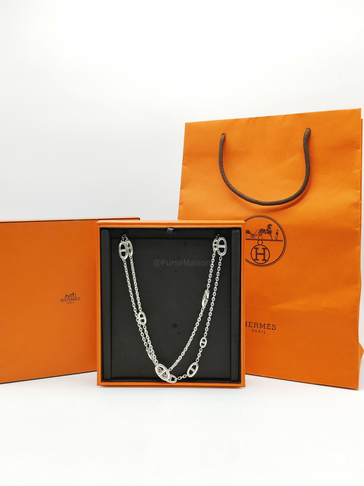 Hermes Ferandole Long Necklace in Sterling Silver Chaine d'Ancre Links | Purse Maison Luxury Bags Shop