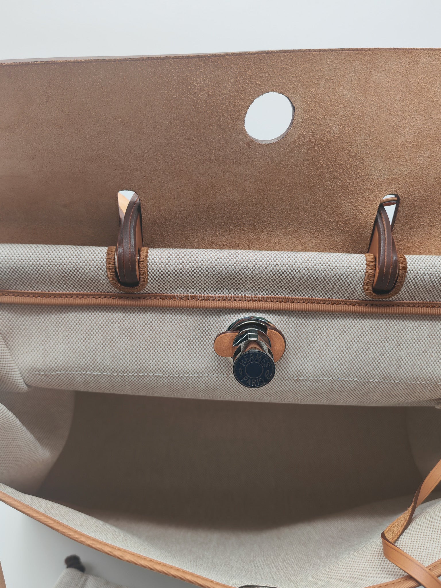Hermes Herbag Messenger 39 in Beige Canvas Palladium Hardware Stamp Square N(2010) | Purse Maison Luxury Bags Shop