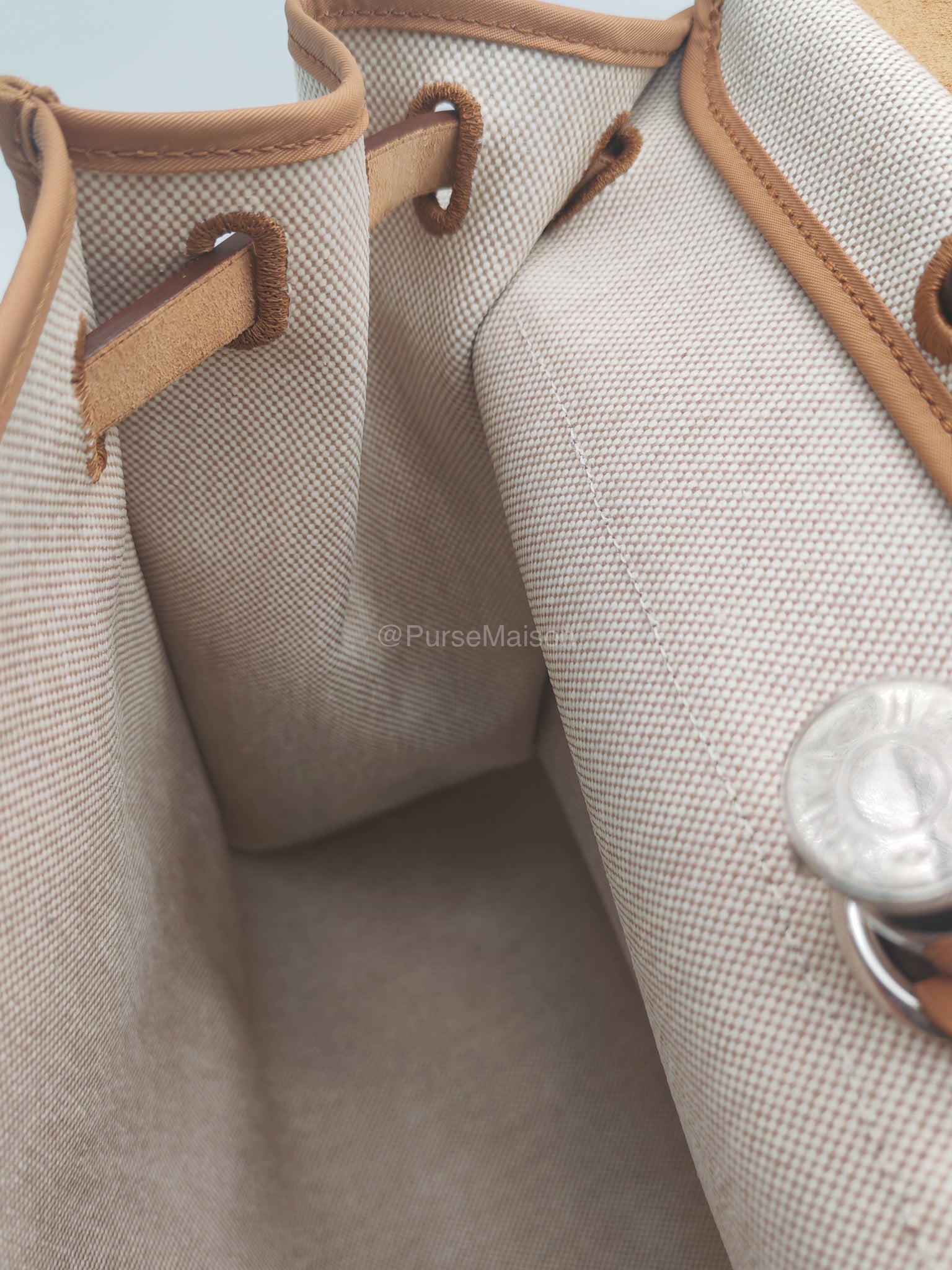 Hermes Herbag Messenger 39 in Beige Canvas Palladium Hardware Stamp Square N(2010) | Purse Maison Luxury Bags Shop